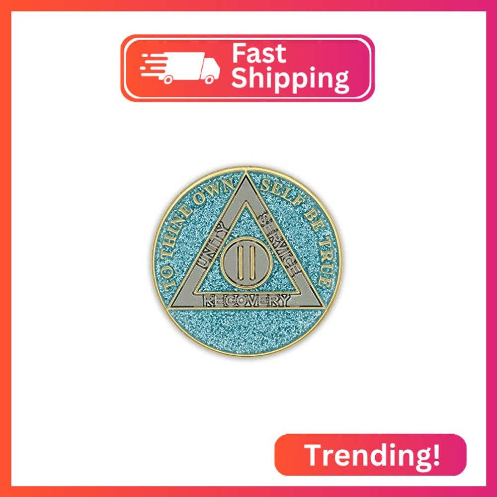 2 Year Sobriety Coin | Glitter Triplate AA Chip Recovery Anniversary Token (Blue