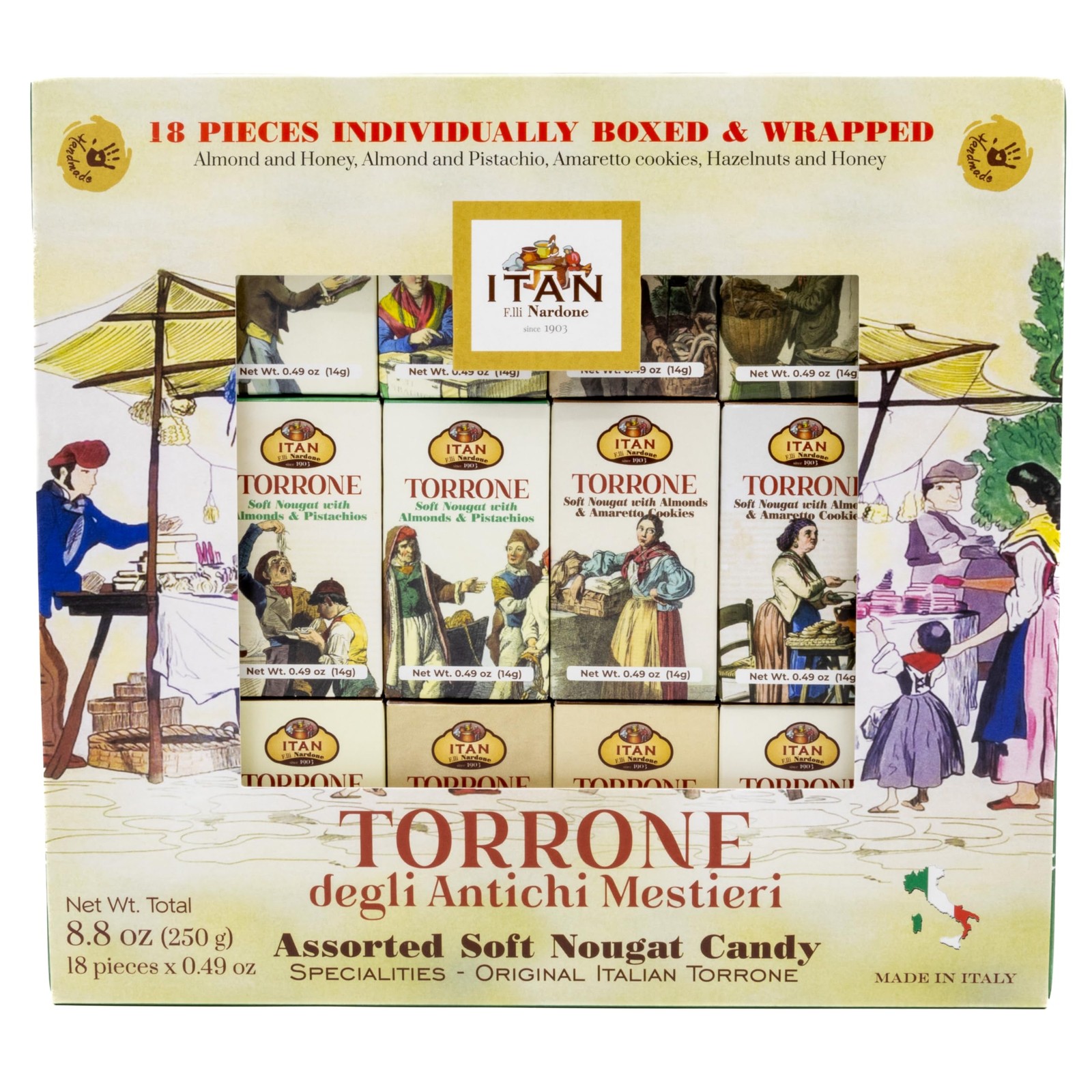 18 Piece Assorted Torrone Soft Nougat Candy, Made in Italy, 8.8oz (250g)