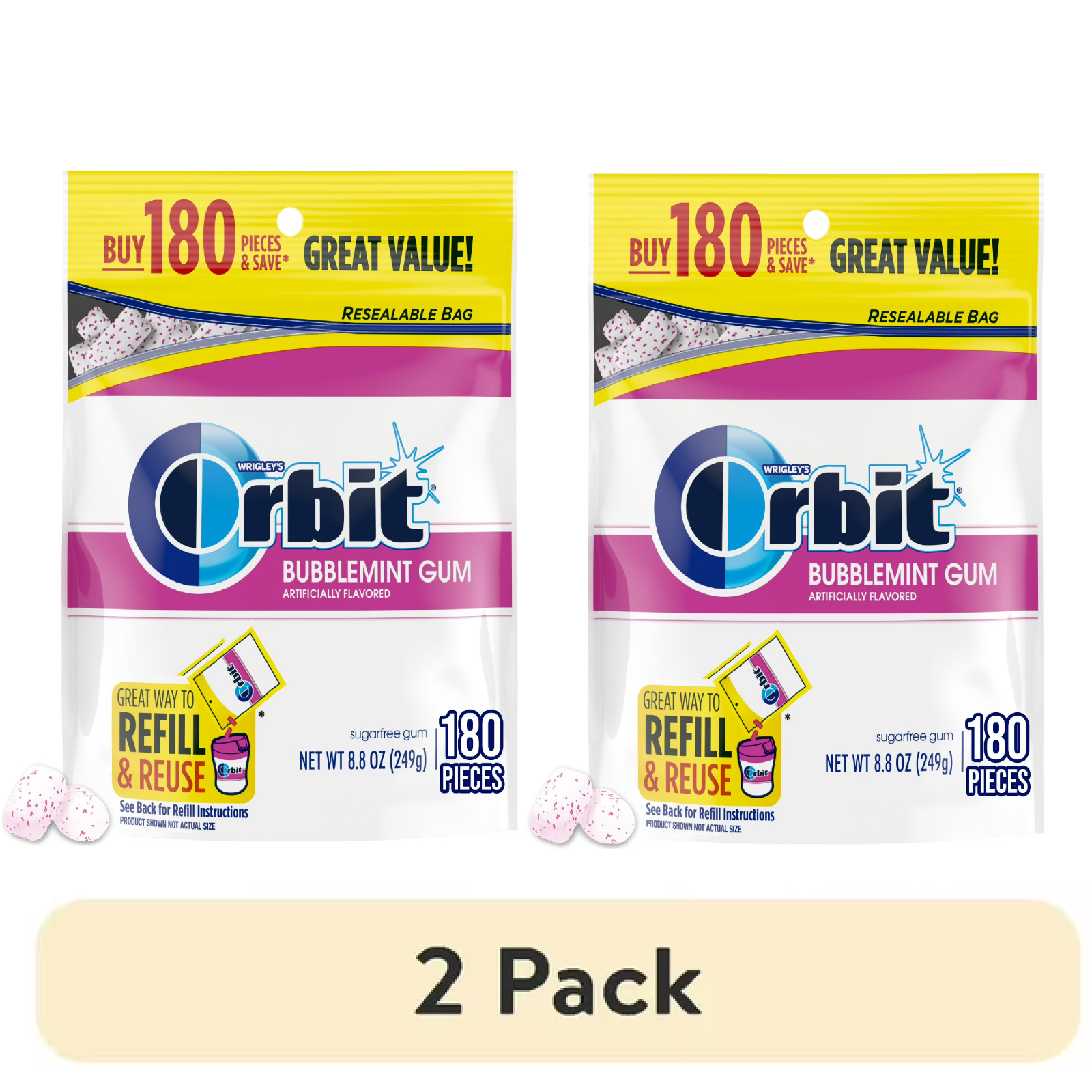2 pack Orbit Bubblemint Sugar Free Chewing Gum, Value Pack – 180 Ct each bag