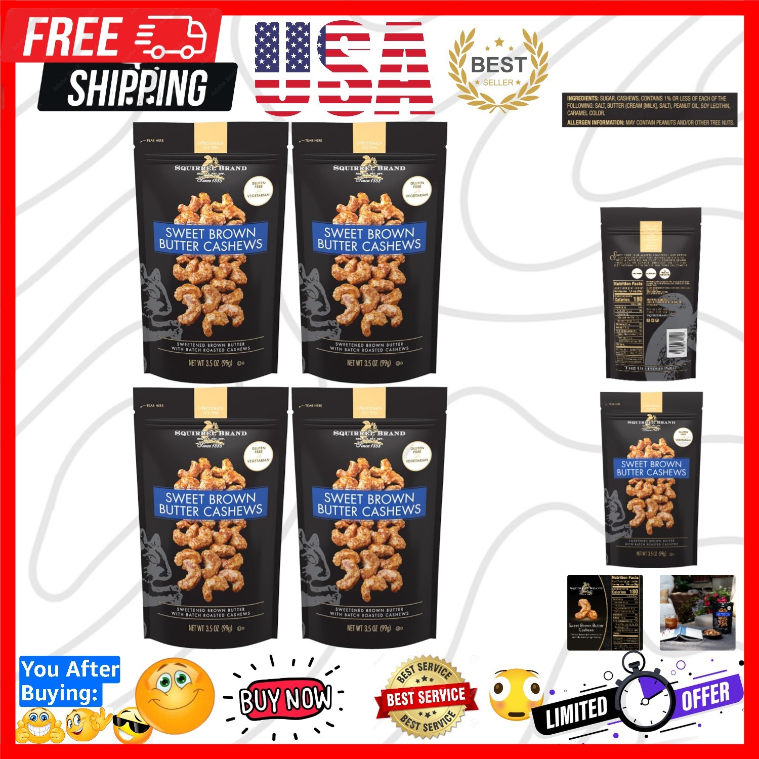 Brand Sweet Brown Butter Cashews,3.5 Ounces Resealable Bag,Gluten Free,Vegeta…