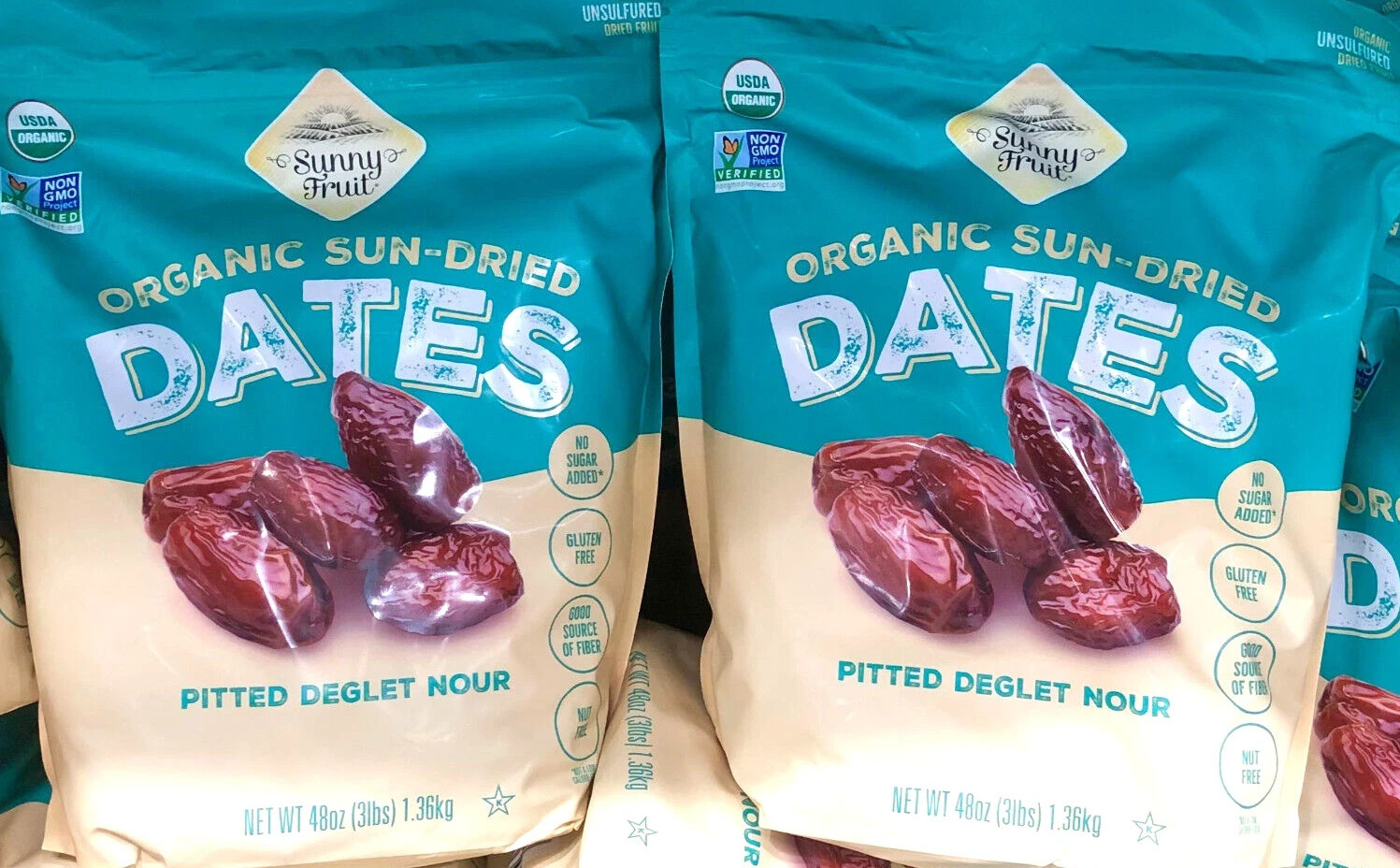2 Pack Sunny Fruit Organic Sun-Dried Dates Pitted Deglet Nour 48 oz each XL bag