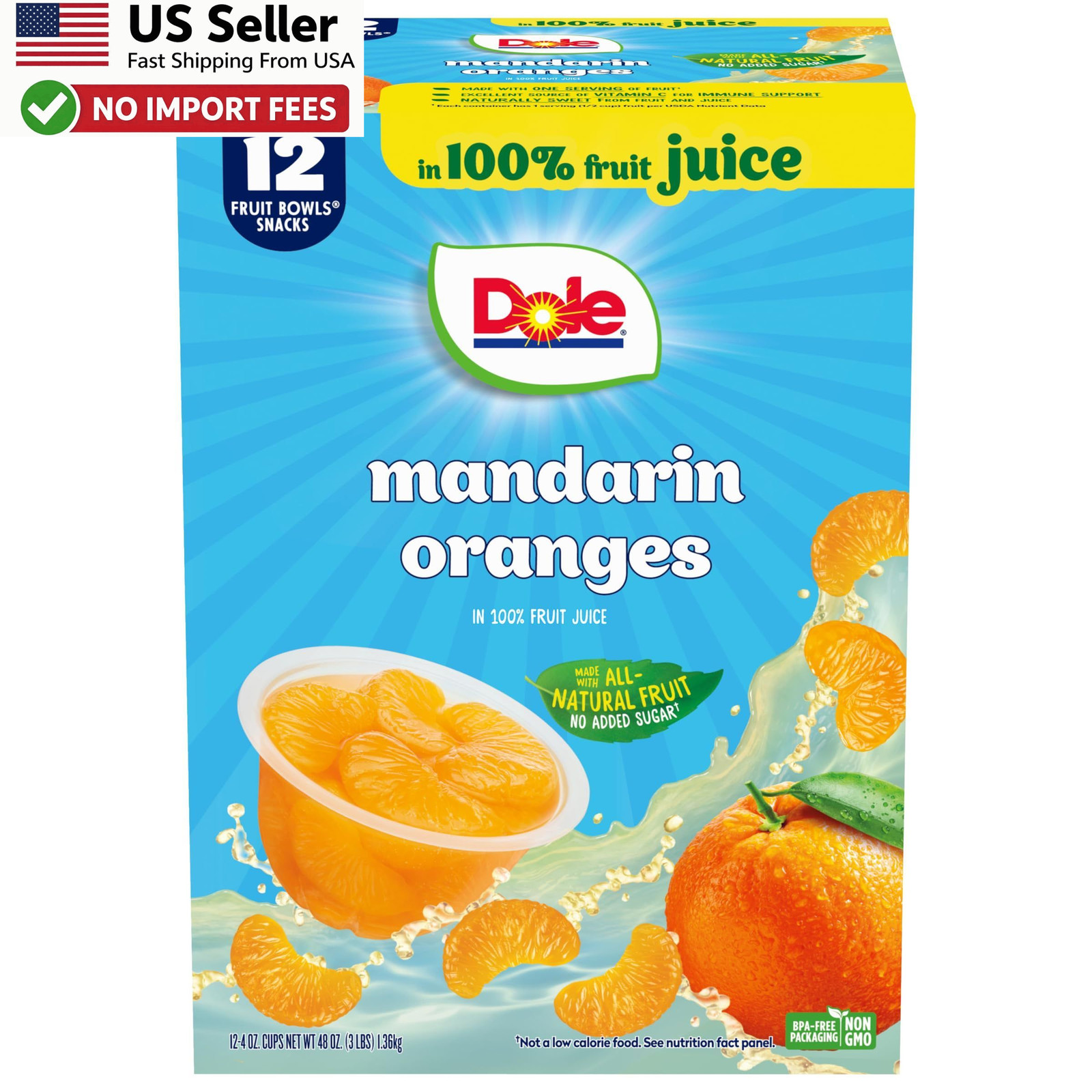 Dole Mandarin Oranges 100% Juice Snacks 4oz 12 Cups Gluten Dairy Free – FROM USA