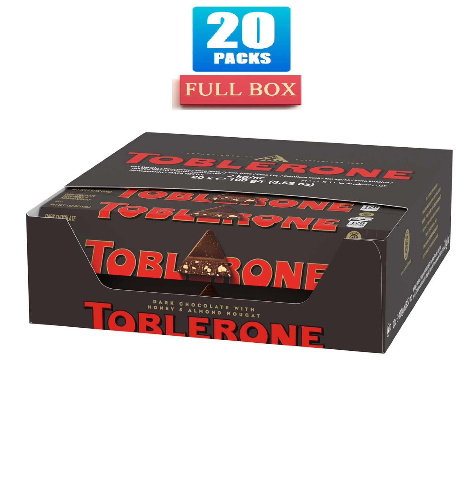 20x Packs TOBLERONE Dark Chocolate Bars with Honey and Almond Nougat – 3.52oz