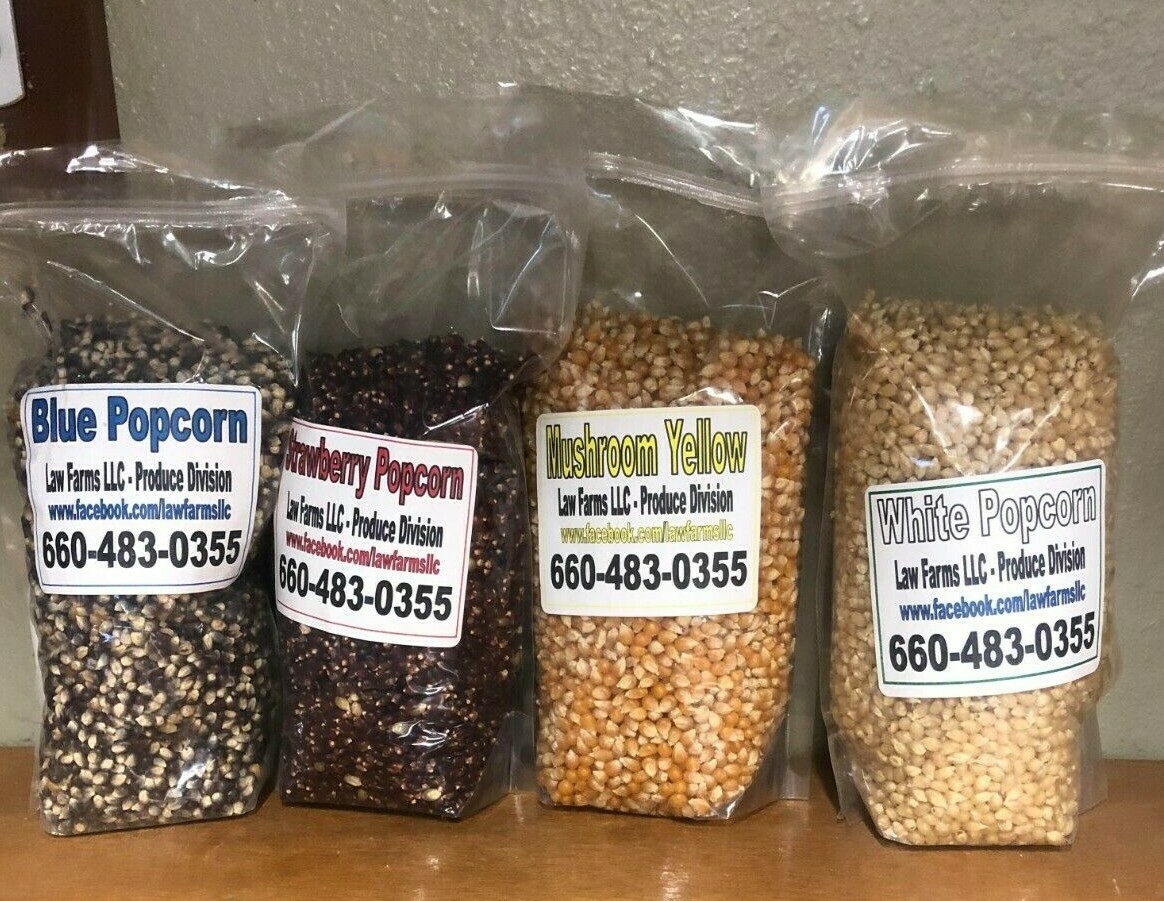 Home Grown Popcorn Sampler – 4 Bags, 2lbs Each – Strawberry, Blue, White, Mushro