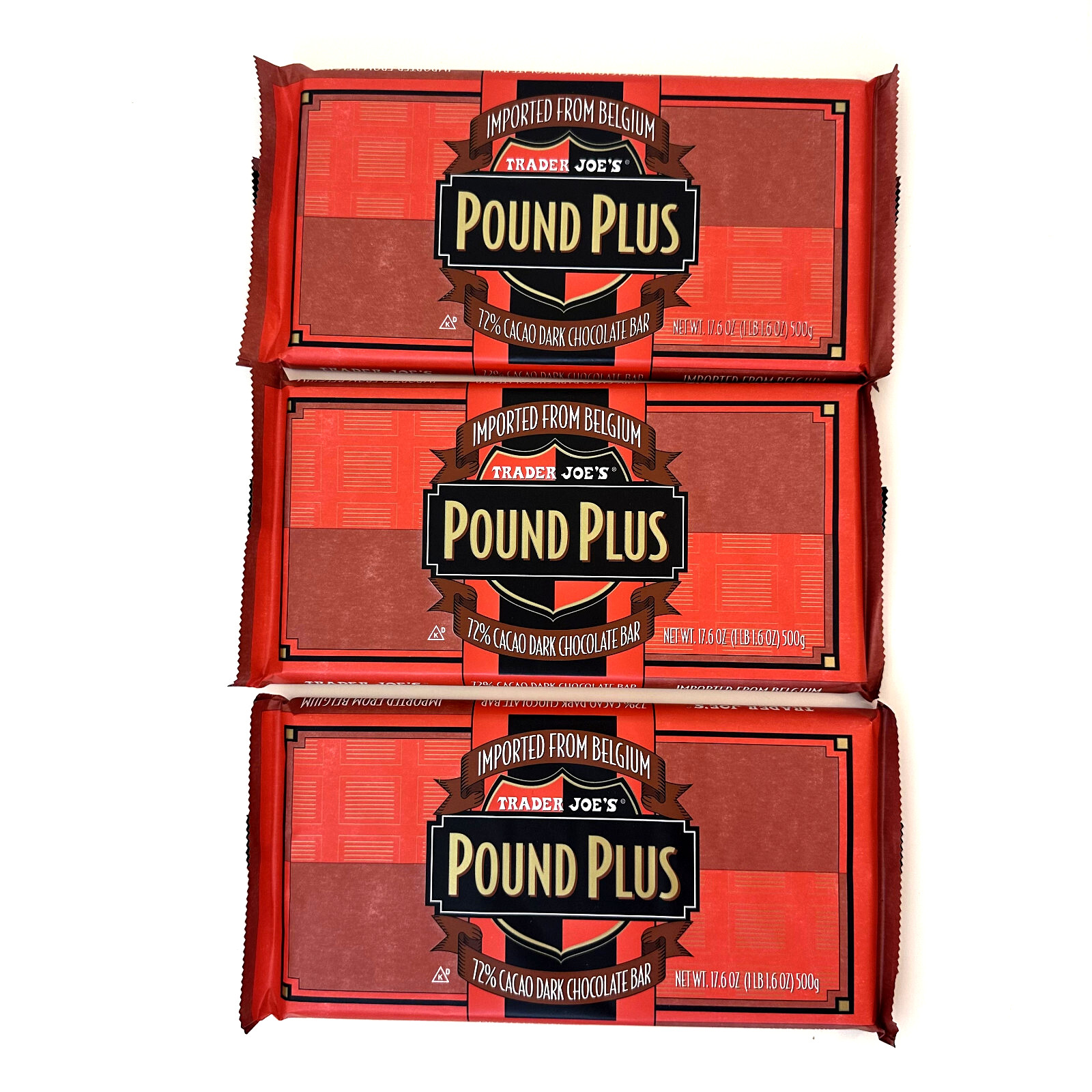 TRADER JOE’S Pound Plus Belgium 72% Cacao Dark Chocolate Bars 3 HUGE PACKS