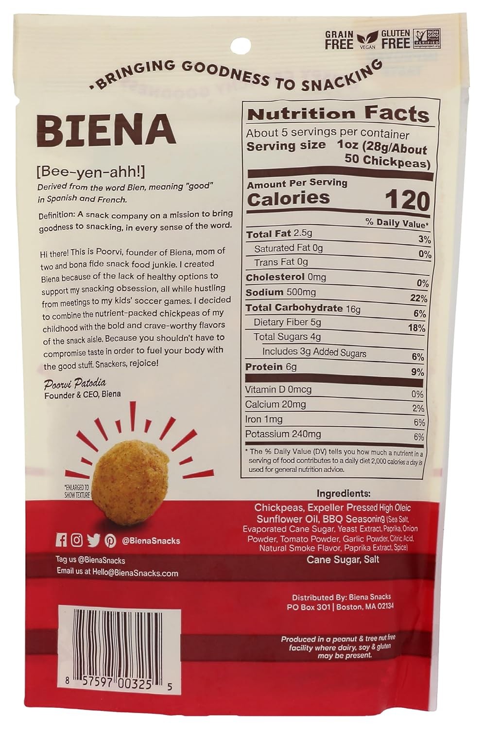 Biena Foods, BBQ Roasted Chickpea Snack, 5 Ounce