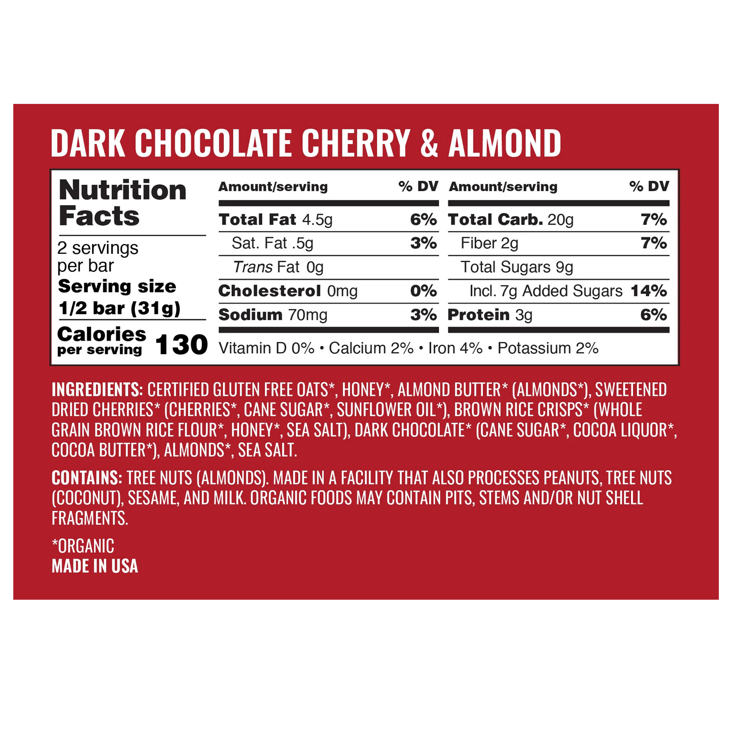 Kate’s Real Food, Organic Dark Chocolate Cherry & Almond, 2.2 Ounces
