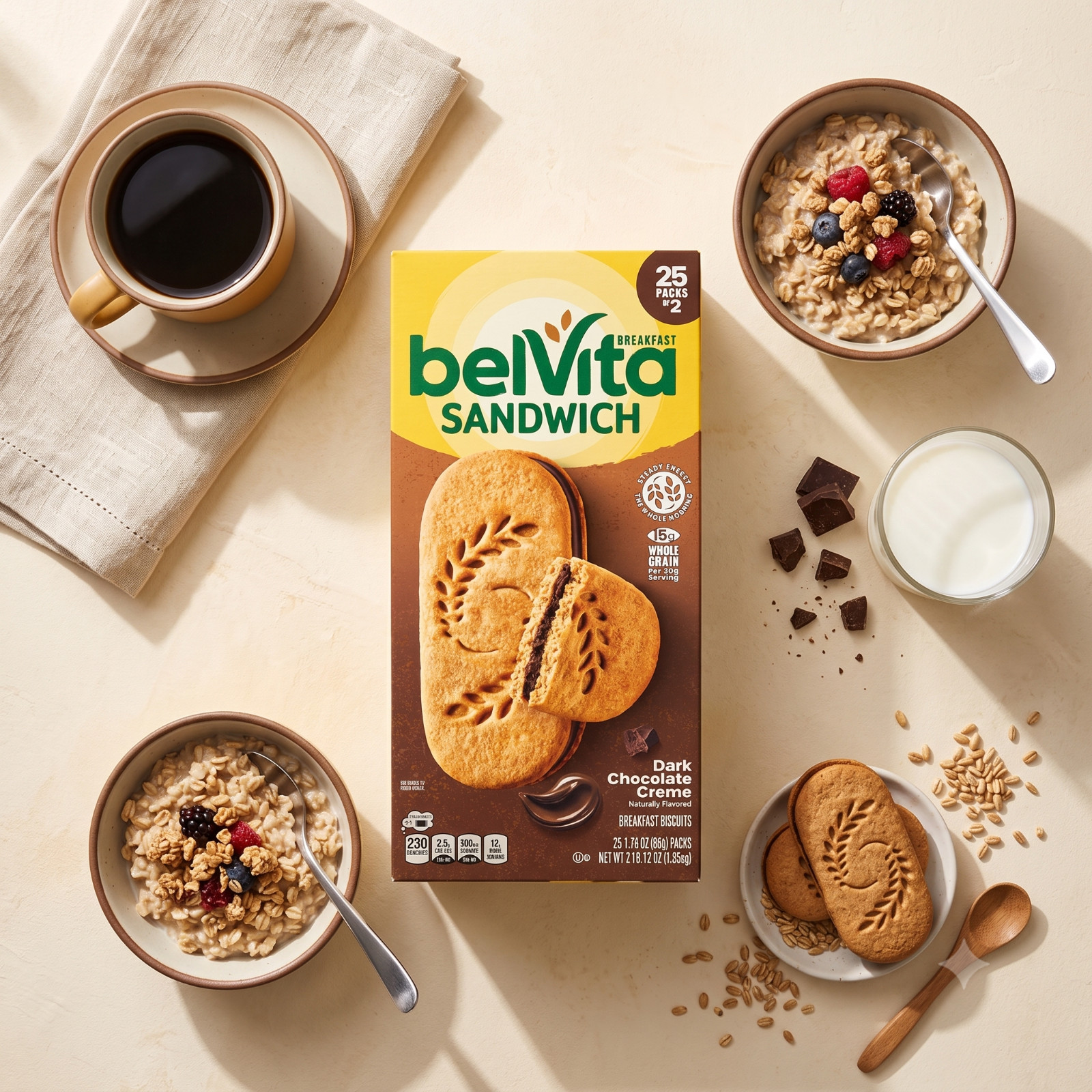 4 Pack belVita Breakfast Sandwich Biscuits, Dark Chocolate Creme, 25-count