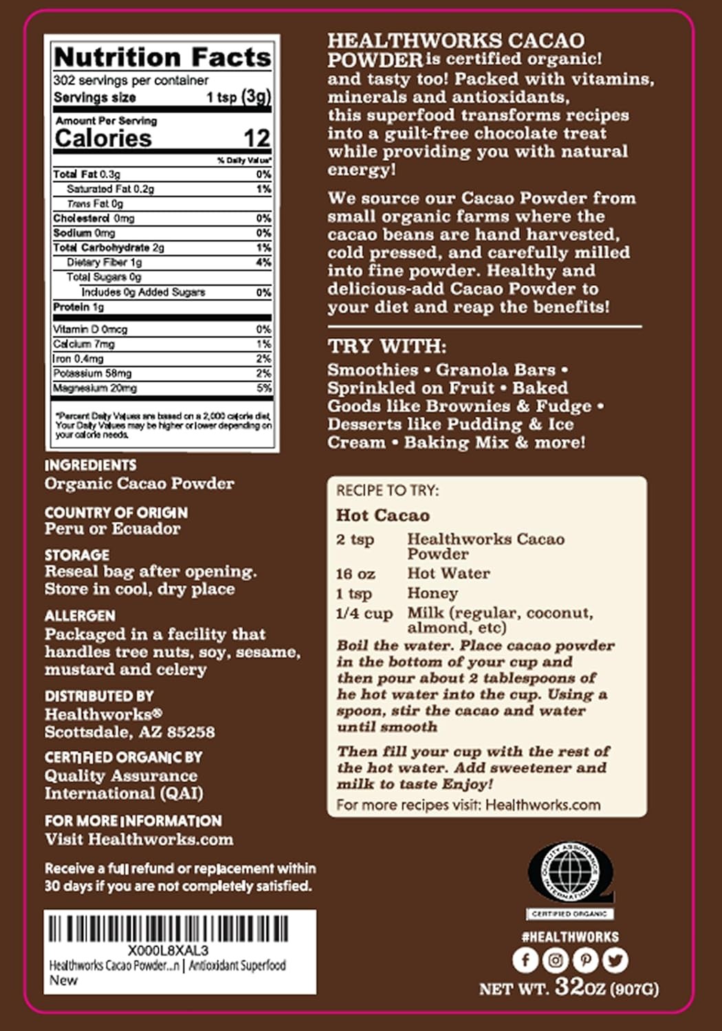 Healthworks Cacao Powder (16 Ounces / 1 Pound) | Cocoa Chocolate Substitute |