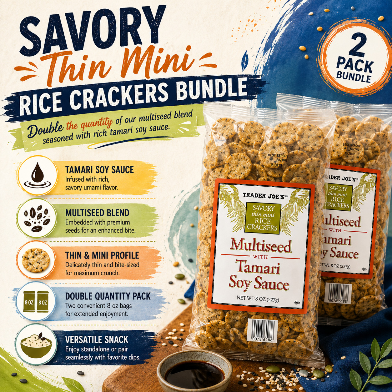 2 Pack Trader Joe’s Savory Thin Mini Rice Crackers Multiseed – Tamari Soy Sauce