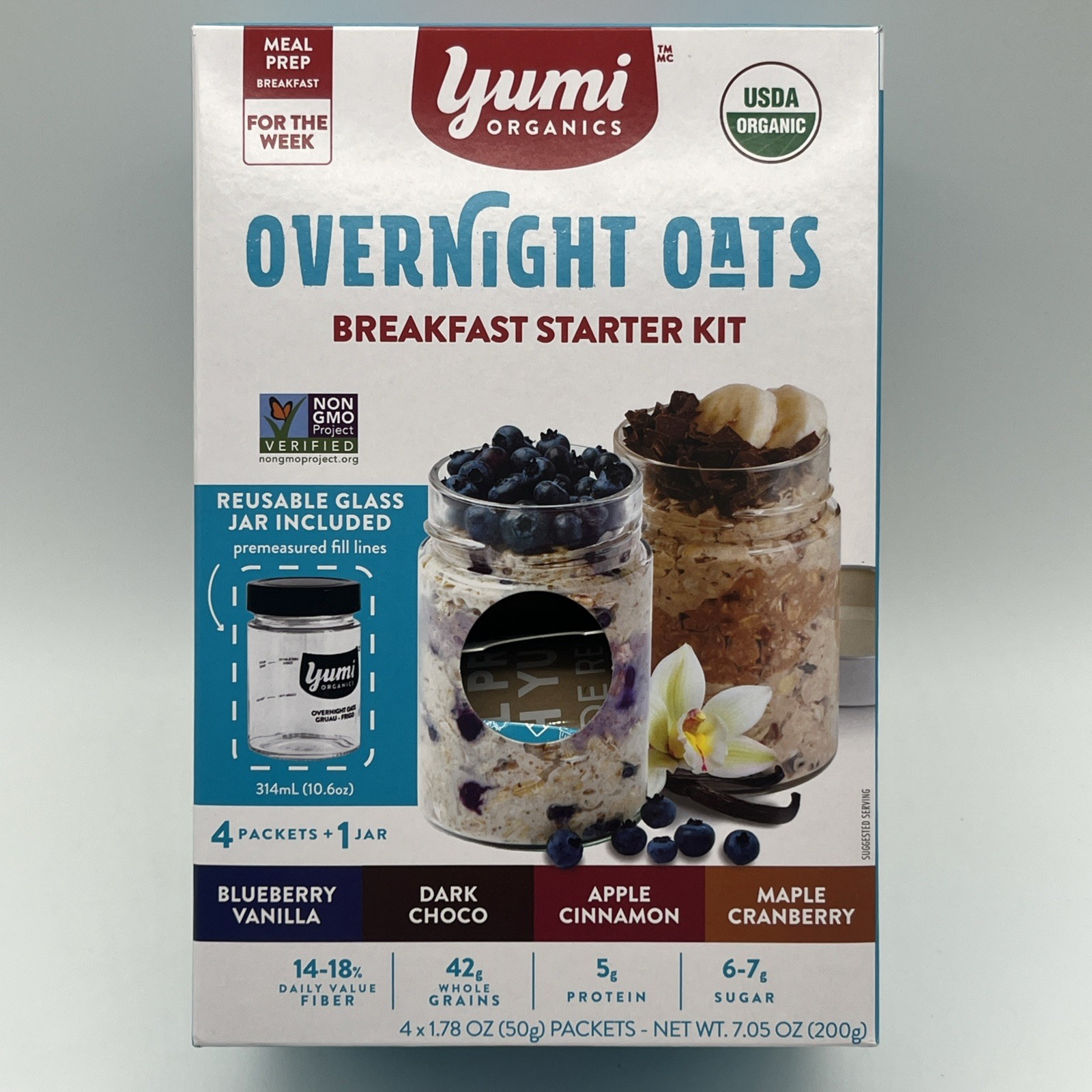 Yumi Overnight Oats Breakfast Starter Kit Glass Jar 4 Flavors Protein Fiber 7oz