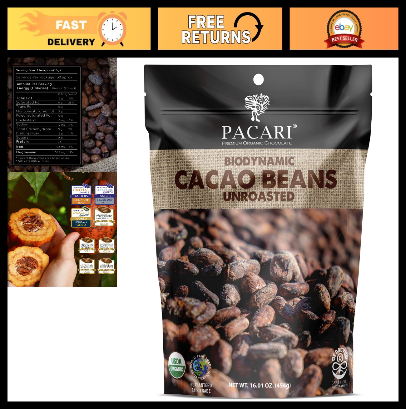 Organic Raw Cacao Beans 16oz | Pure, Unroasted, Non-GMO, Keto, Vegan | Baking &