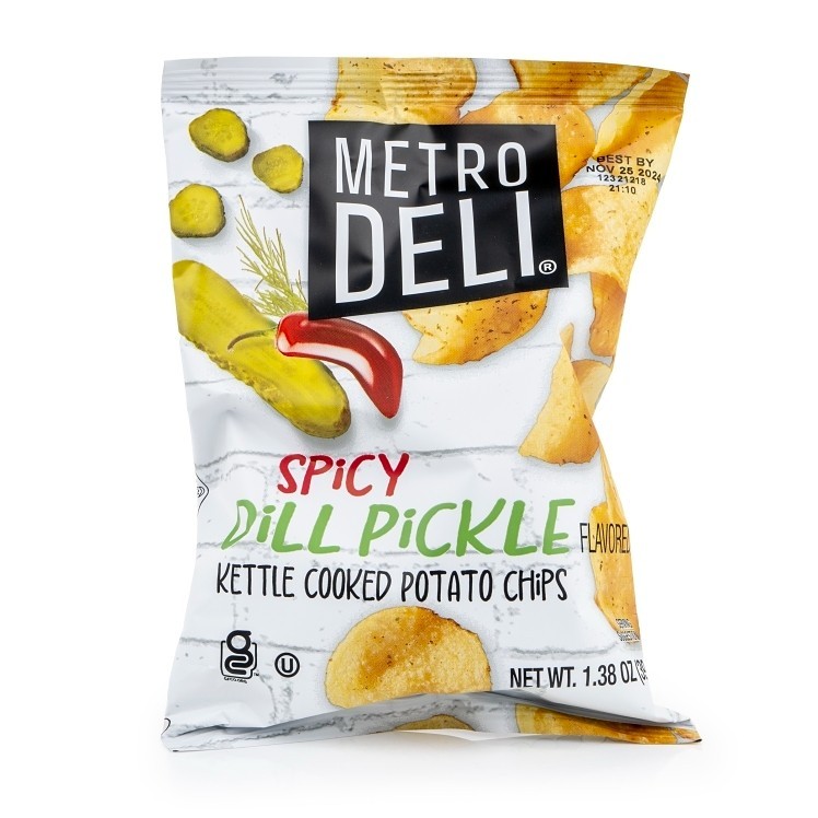 Spicy Dill Pickle Kettle cooked chips from Metro Deli, 60 bags, 1.38 oz