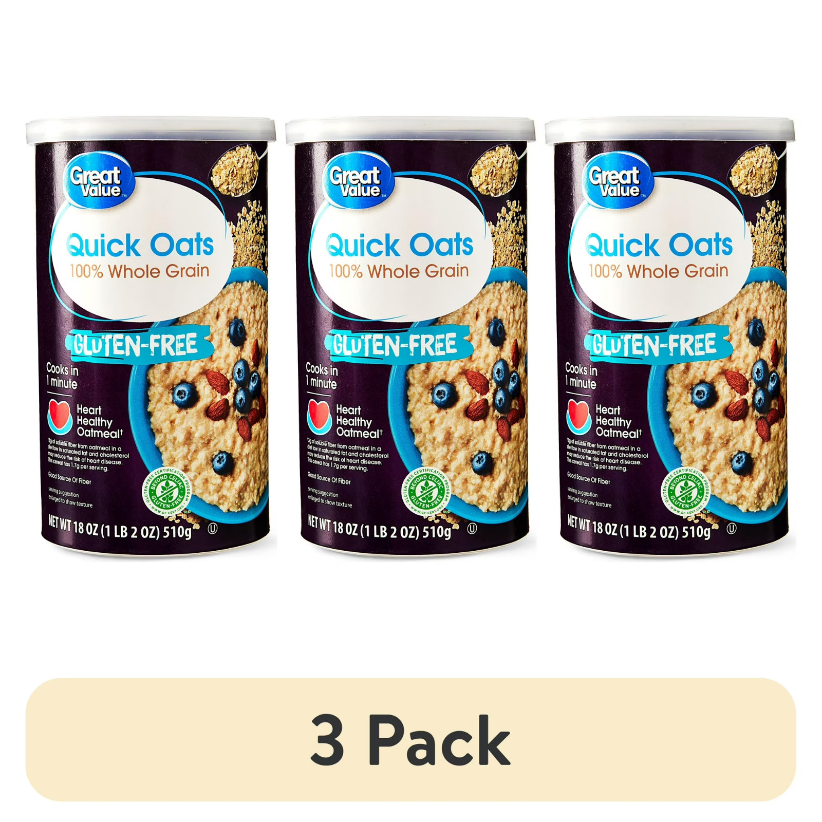 (3 pack) Great Value Gluten Free Quick Oats, 18 oz….