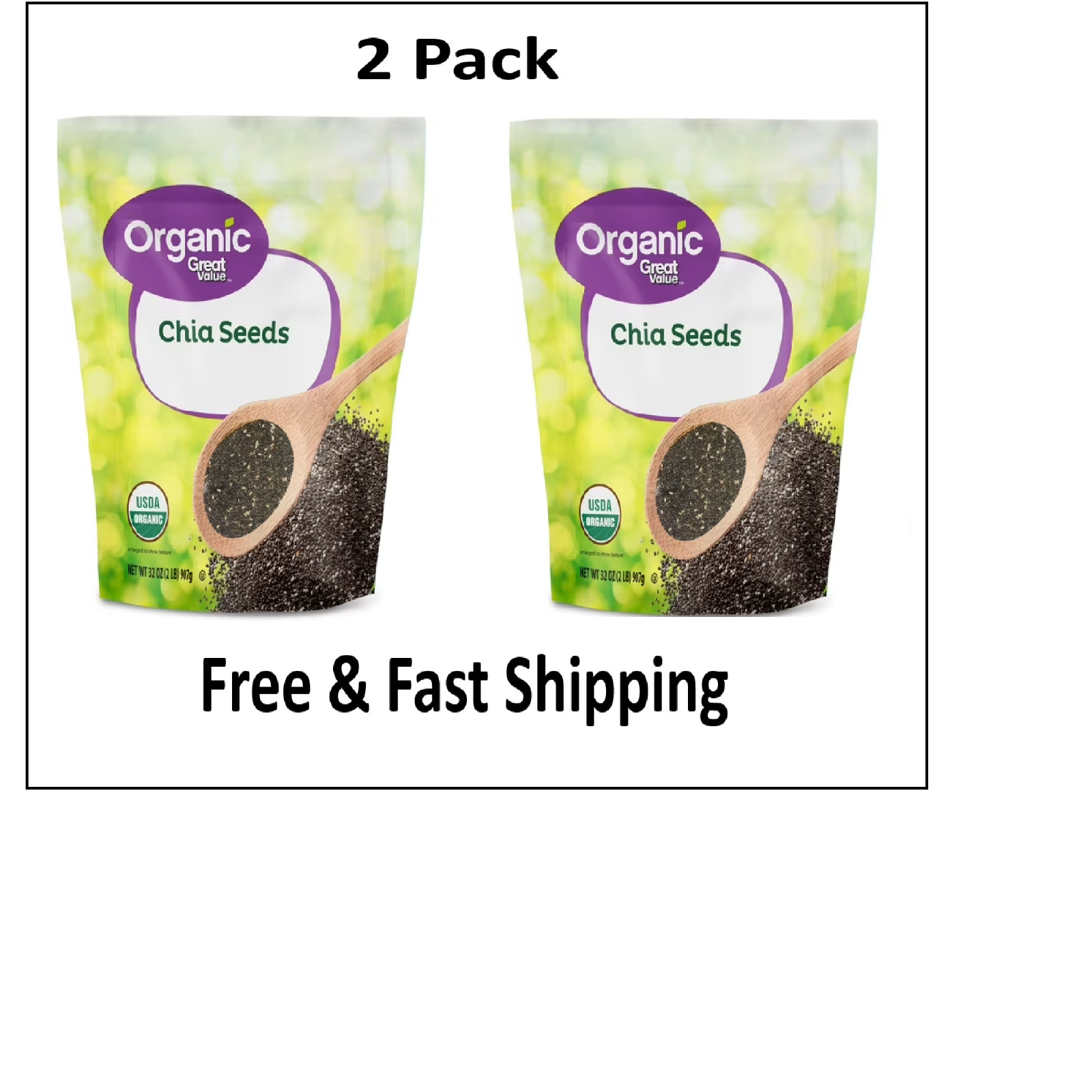 Great Value Organic Chia Seeds 32 oz each (pack of 2) USDA Organic, Gluten-Free