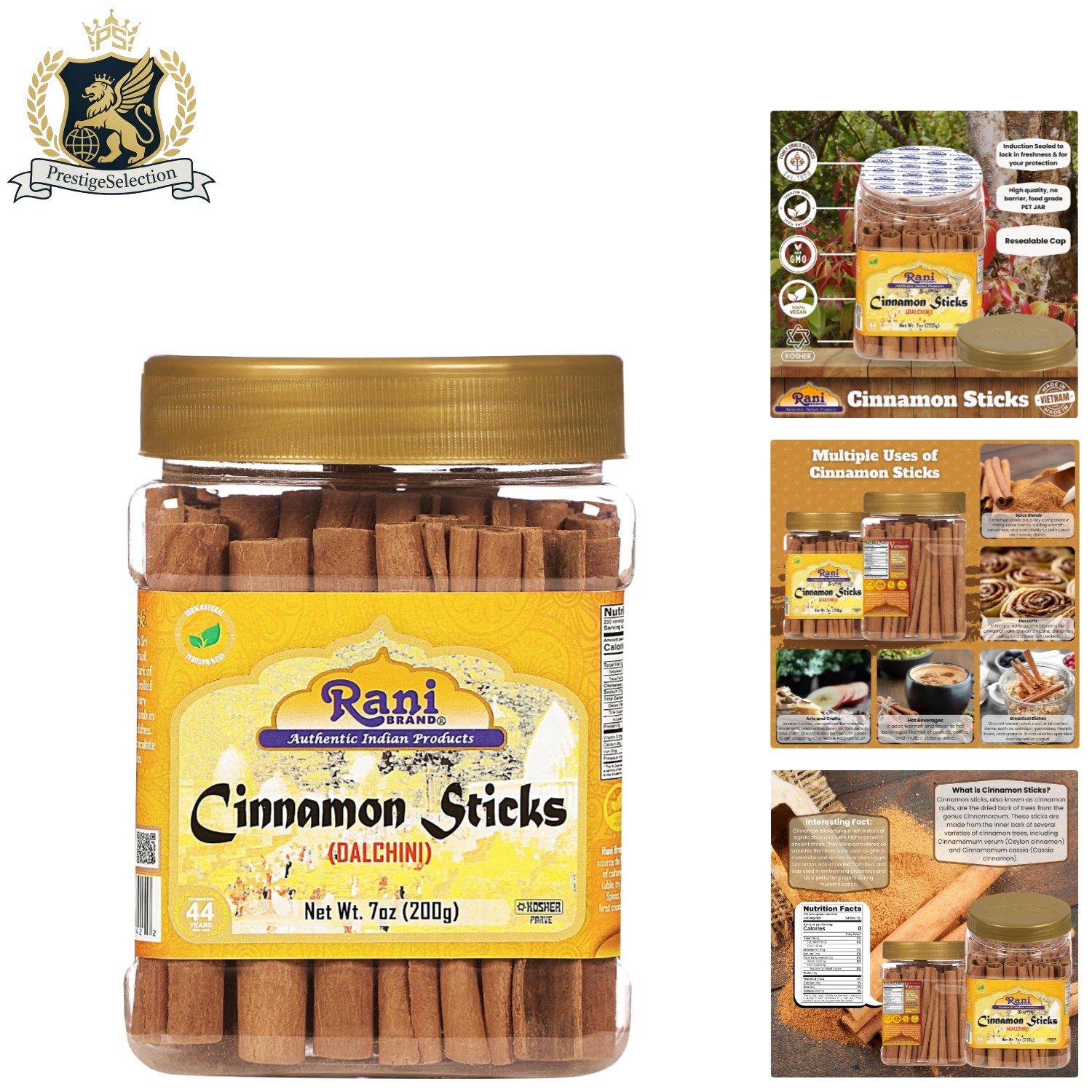 Rani Cinnamon Sticks 7oz Jar – 36-44 Sticks, Strong Aroma for Baking & Cooking