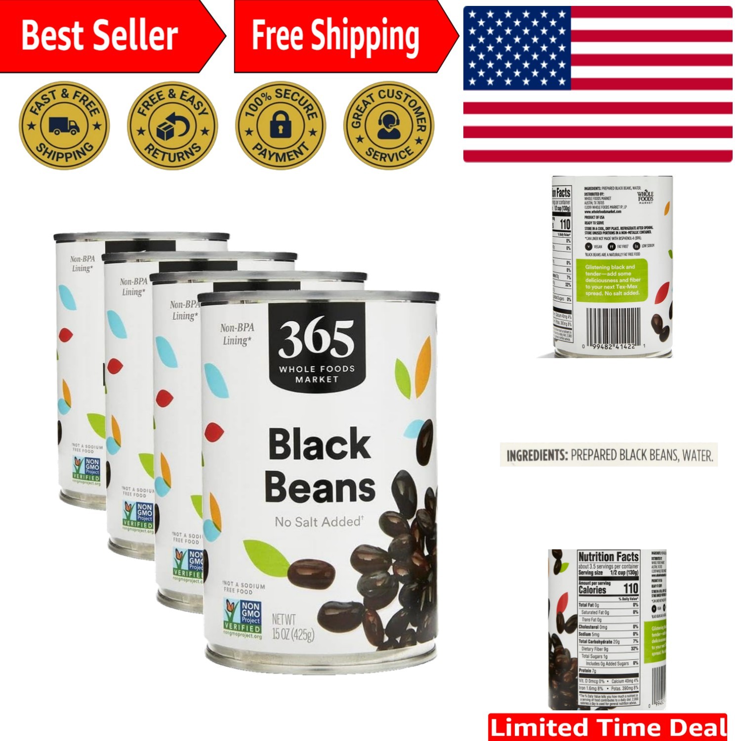 Unsalted Black Beans – 15oz Pack of 4 | Low Sodium & Preservative-Free