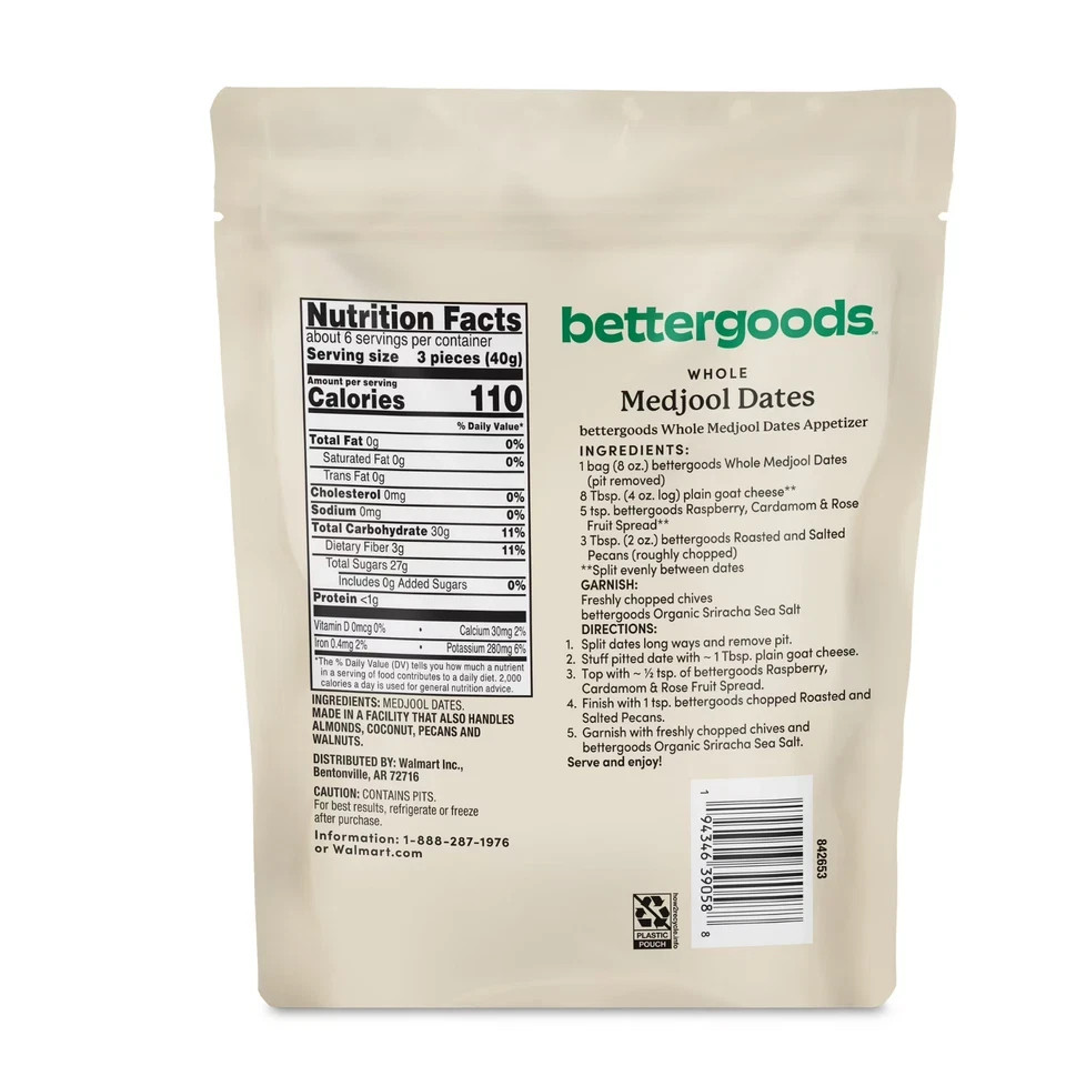 bettergoods Whole Medjool Dates Dried Fruit, 8-ounce BAG