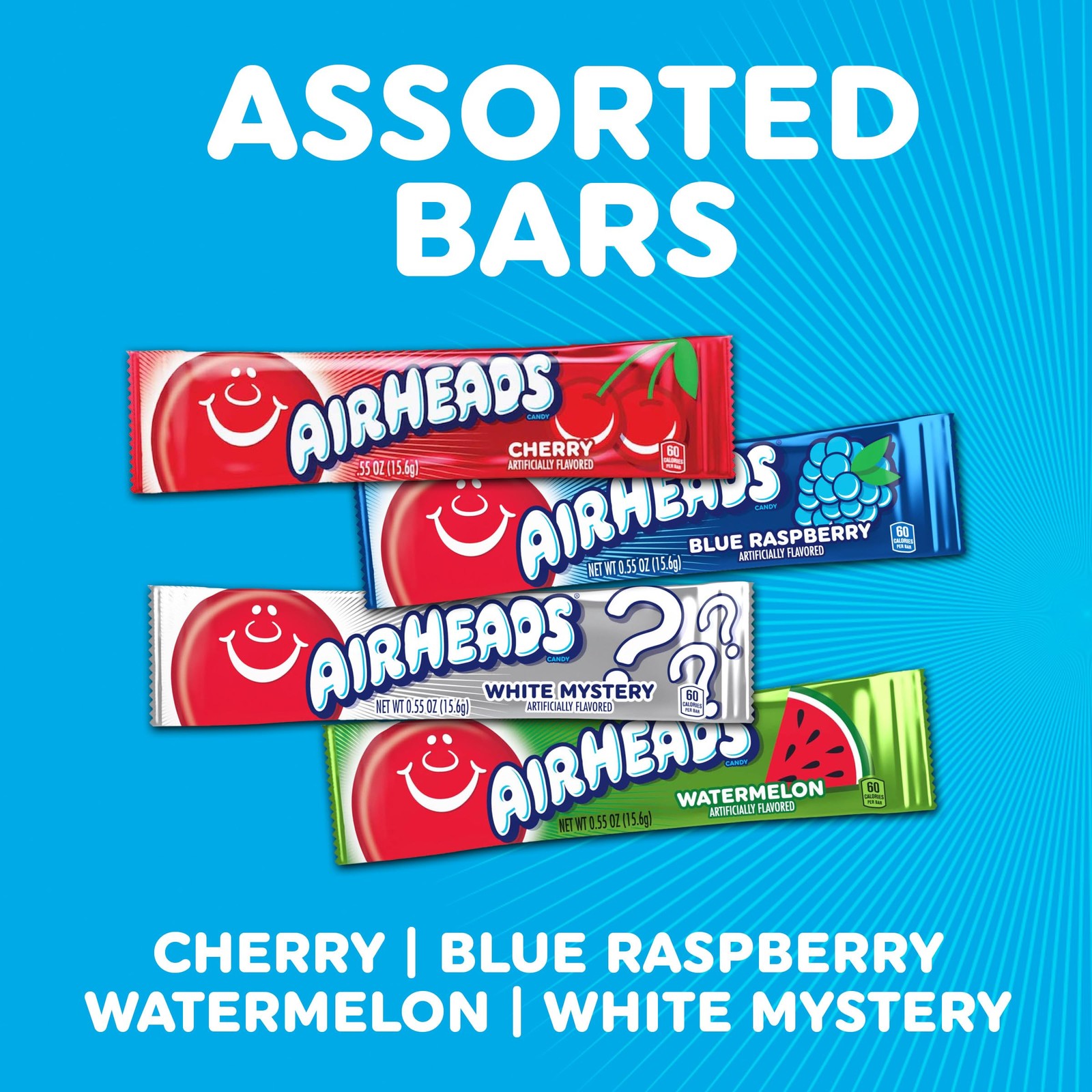Airheads Full-Size Candy Bars, Taffy 60 Count (Pack of 1), Multicolor