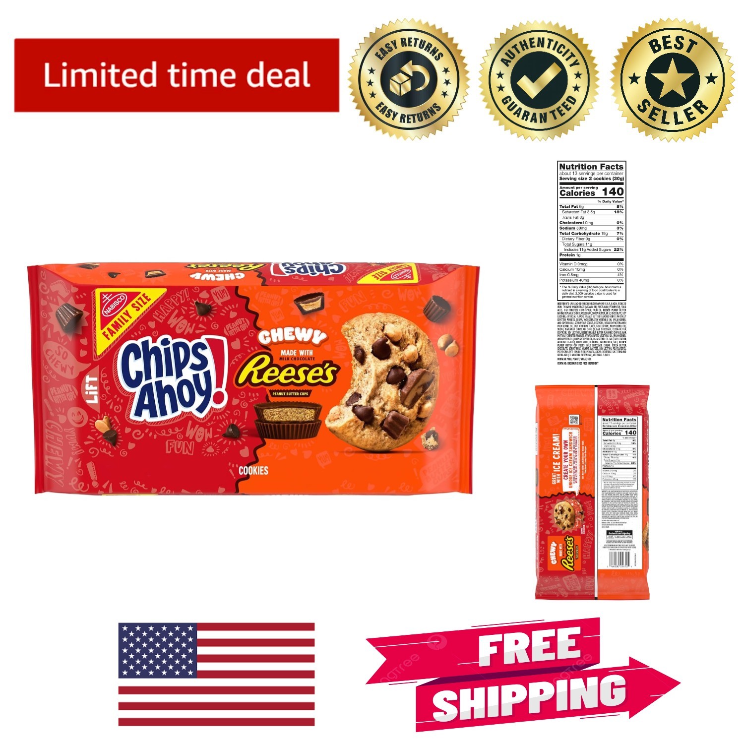 Homemade Taste Chewy Chocolate Chip Cookies with Reese’s – Family Size 14.25 oz