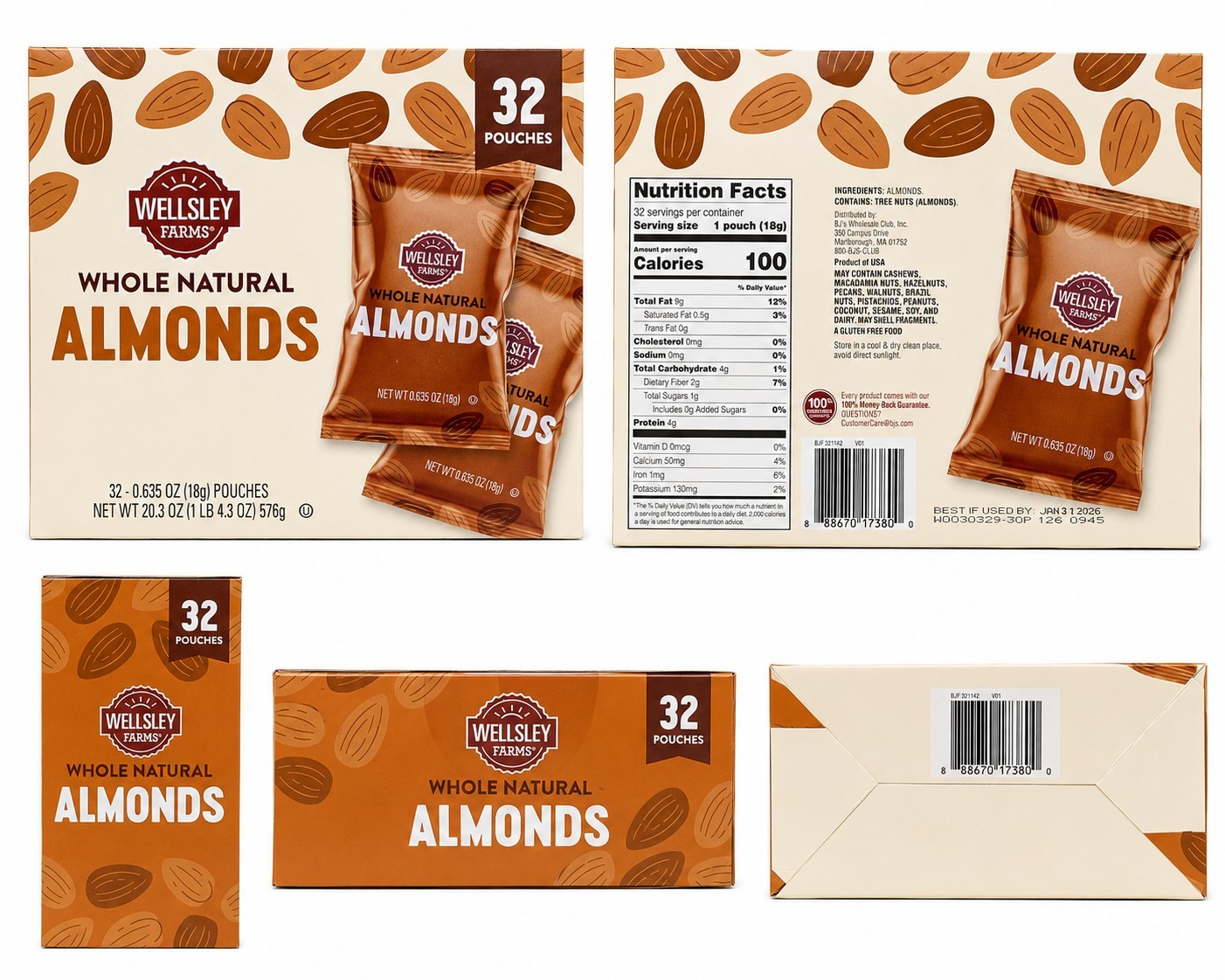 Wellsley Farms Whole Natural Almonds 32 Individual Pouches 20.3 oz Gluten Free
