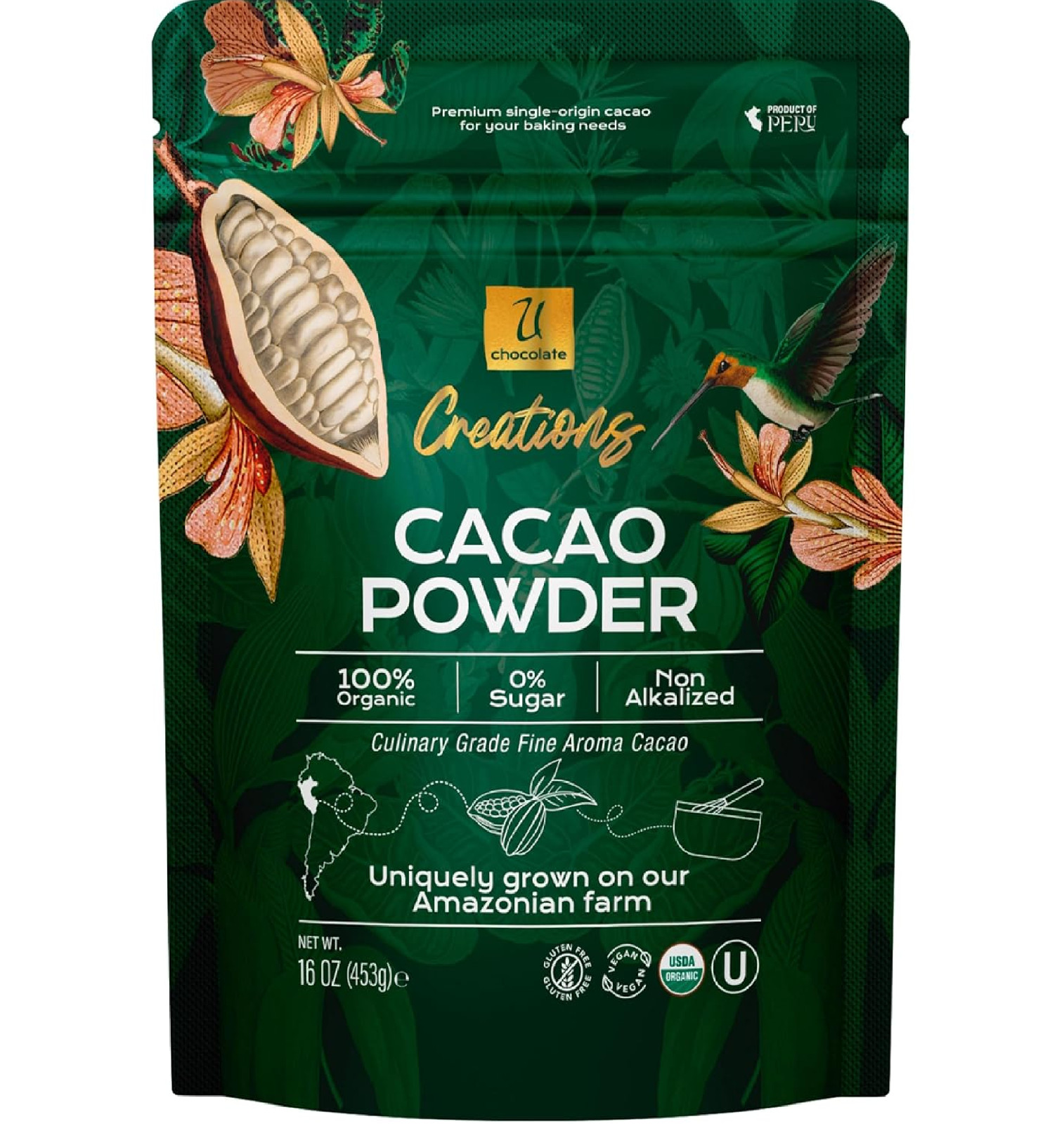 U Chocolate Organic Cacao Powder Natural Fresh From our Farm 1 bag 16 oz