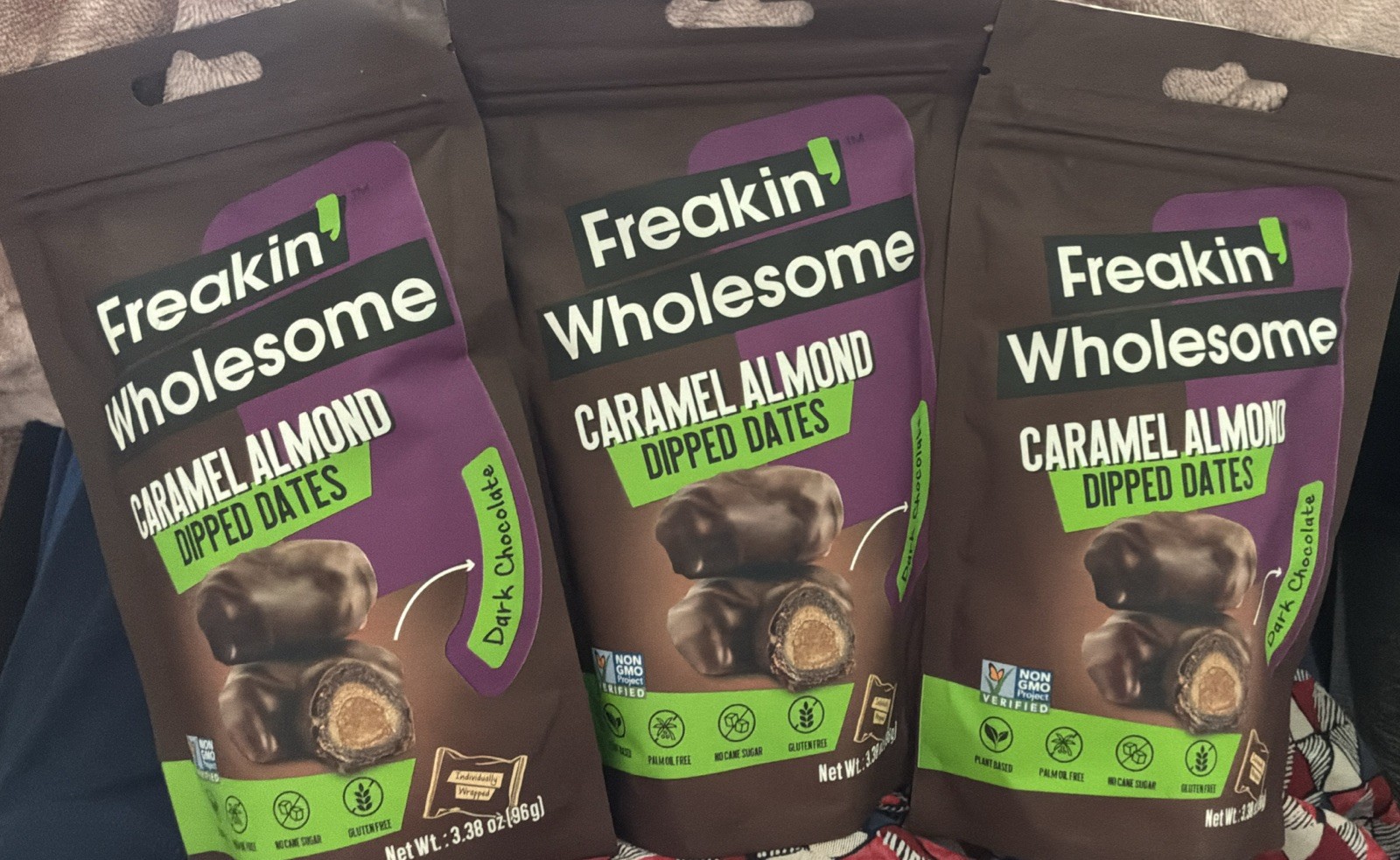 3 Freakin Wholesome Caramel Almond Dark Chocolate Dipped Dates Bites 3.38 Oz Yum