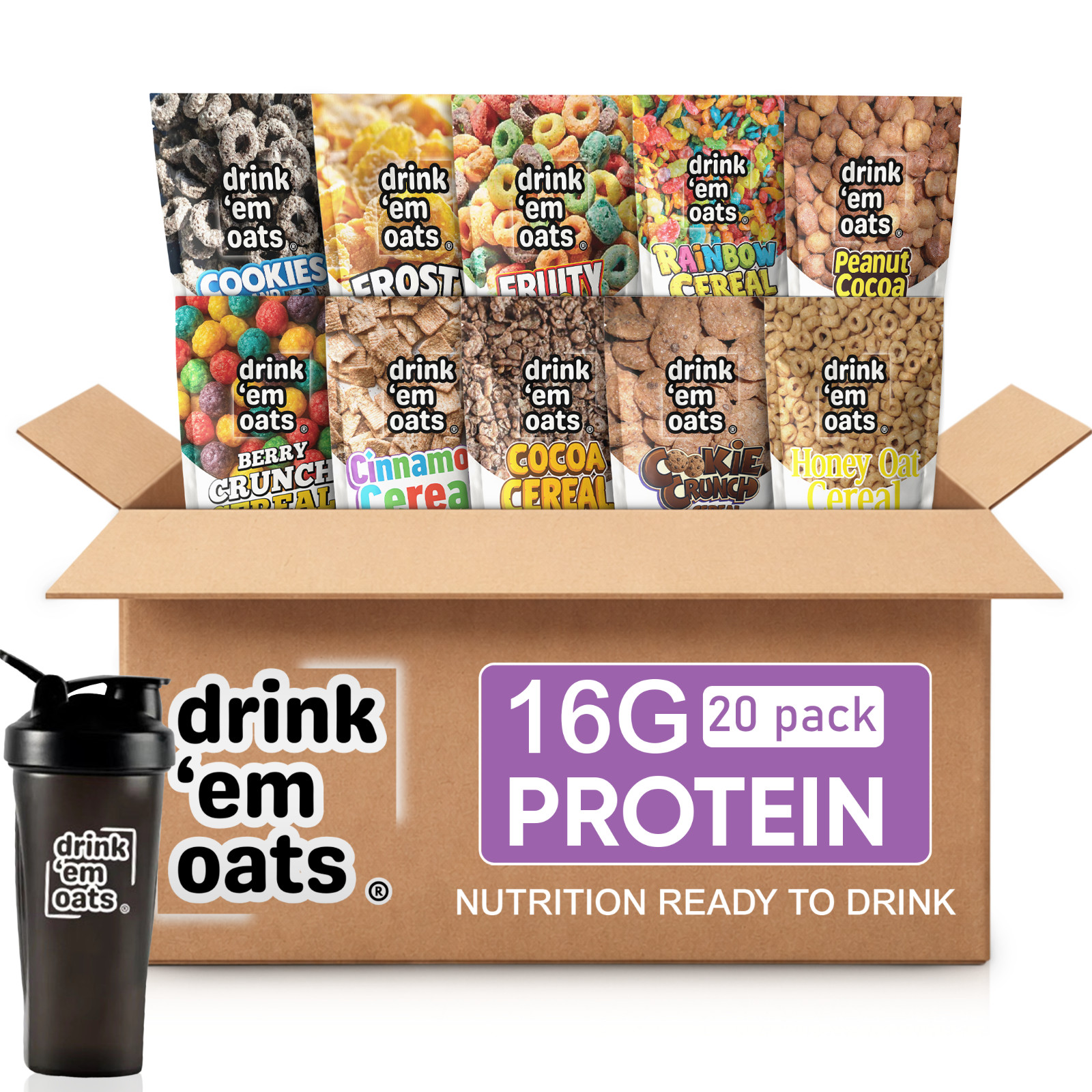 Drink ‘em Oats 20 pack Variety Pack with Shaker Bottle 16g protein drinkable oat