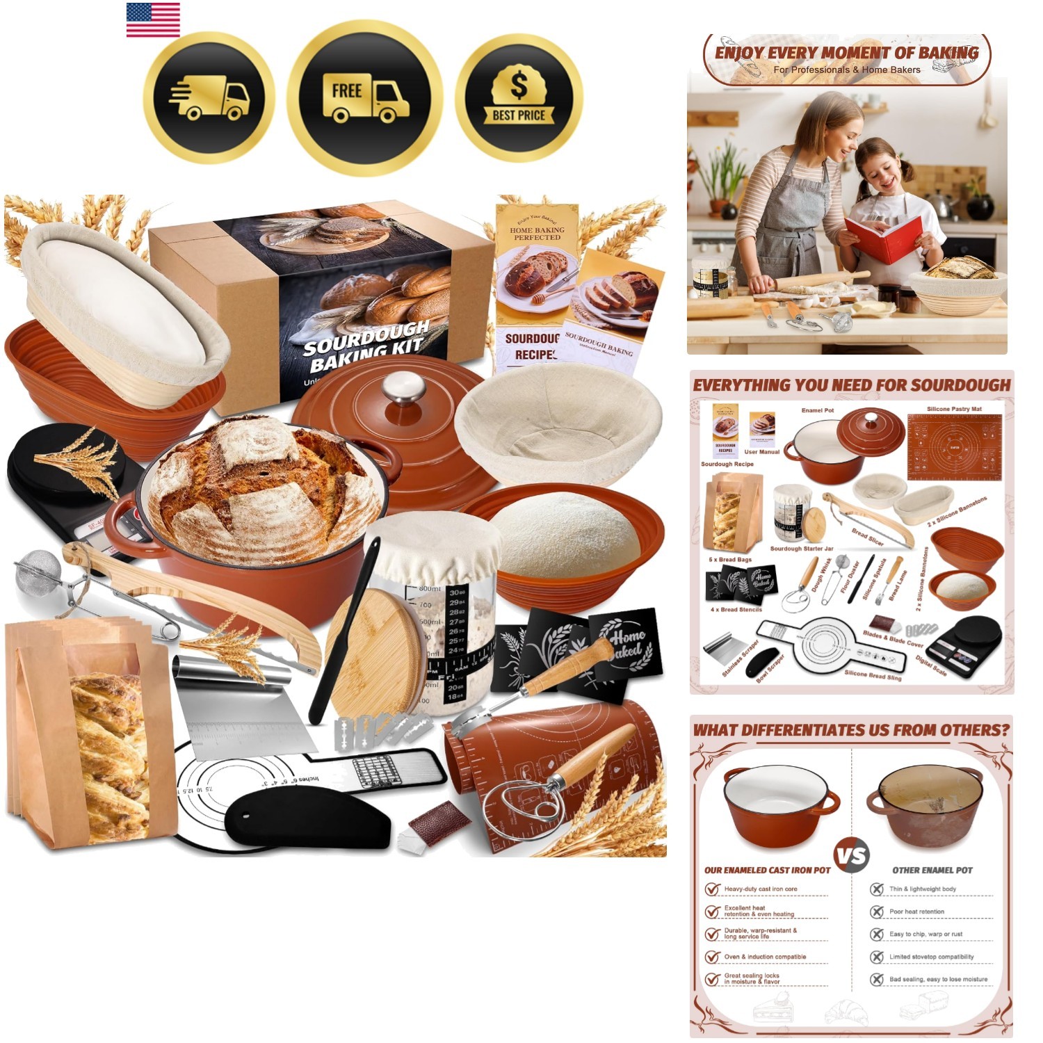 Sourdough Starter Kit Enamel Pot Bread Proofing Baskets Supplies Complete Set