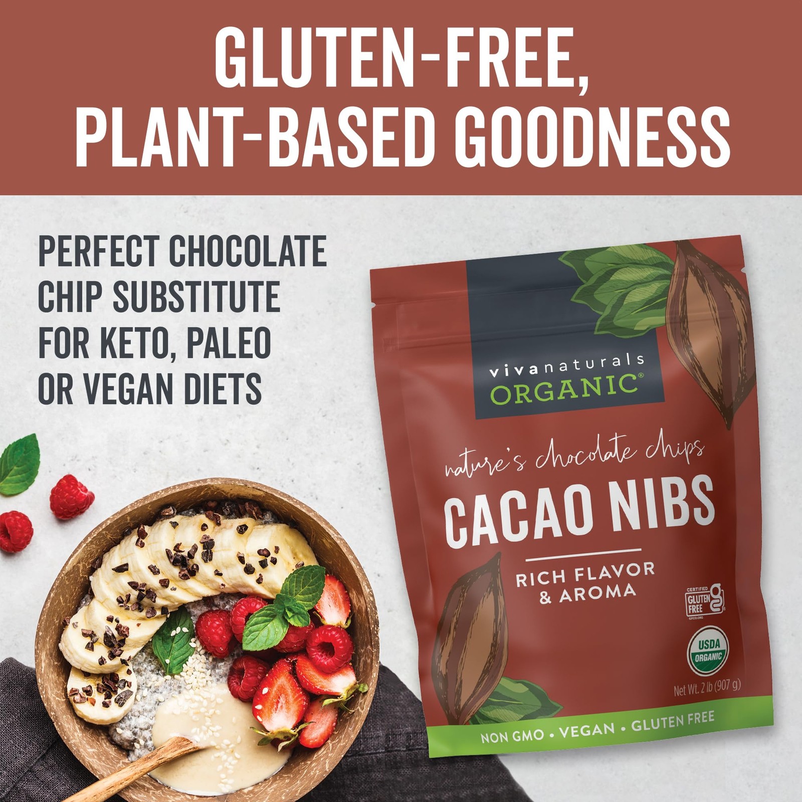 Organic Cacao Nibs, 2 lb Bag (907g) – Keto Friendly and Vegan Unsweetened Chocol