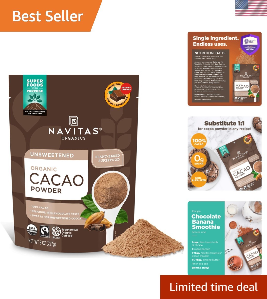 Navitas Organic Cacao Powder 8oz – Rich Dark Chocolate, Gluten-Free & Fairtrade