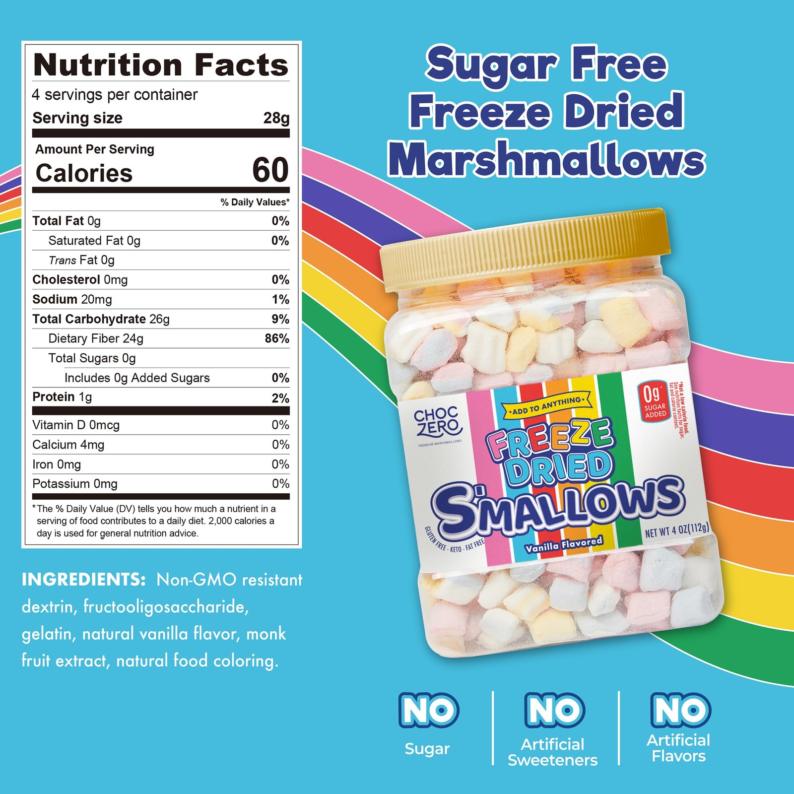 ChocZero Sugar Free Freeze Dried Marshmallows, Crunchy 4 Ounce (Pack of 1)