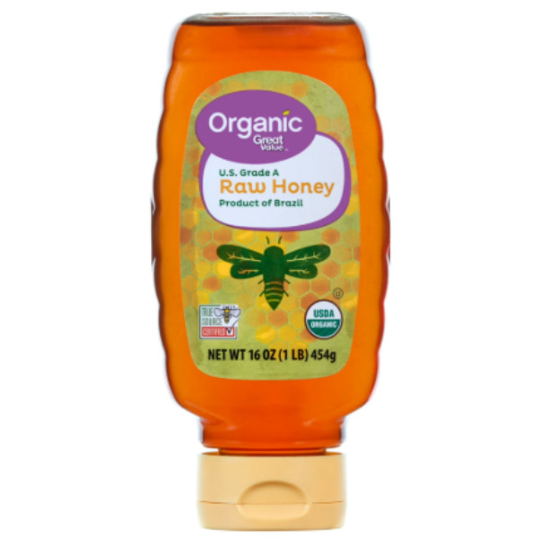 Great Value organic strained raw honey, Gluten Free, 16 oz Plastic Bottle..