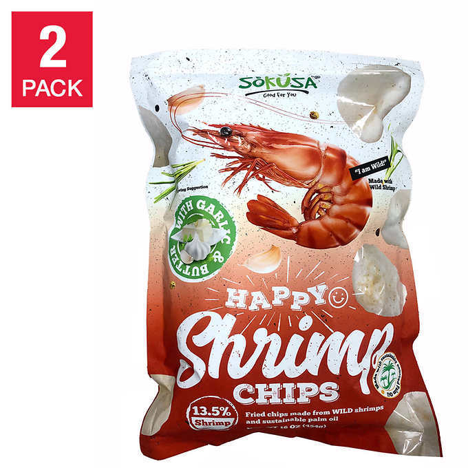 SoKusa Happy Shrimp Chips with Garlic and Butter 16 oz, 2-pack 13.5% Shrimp