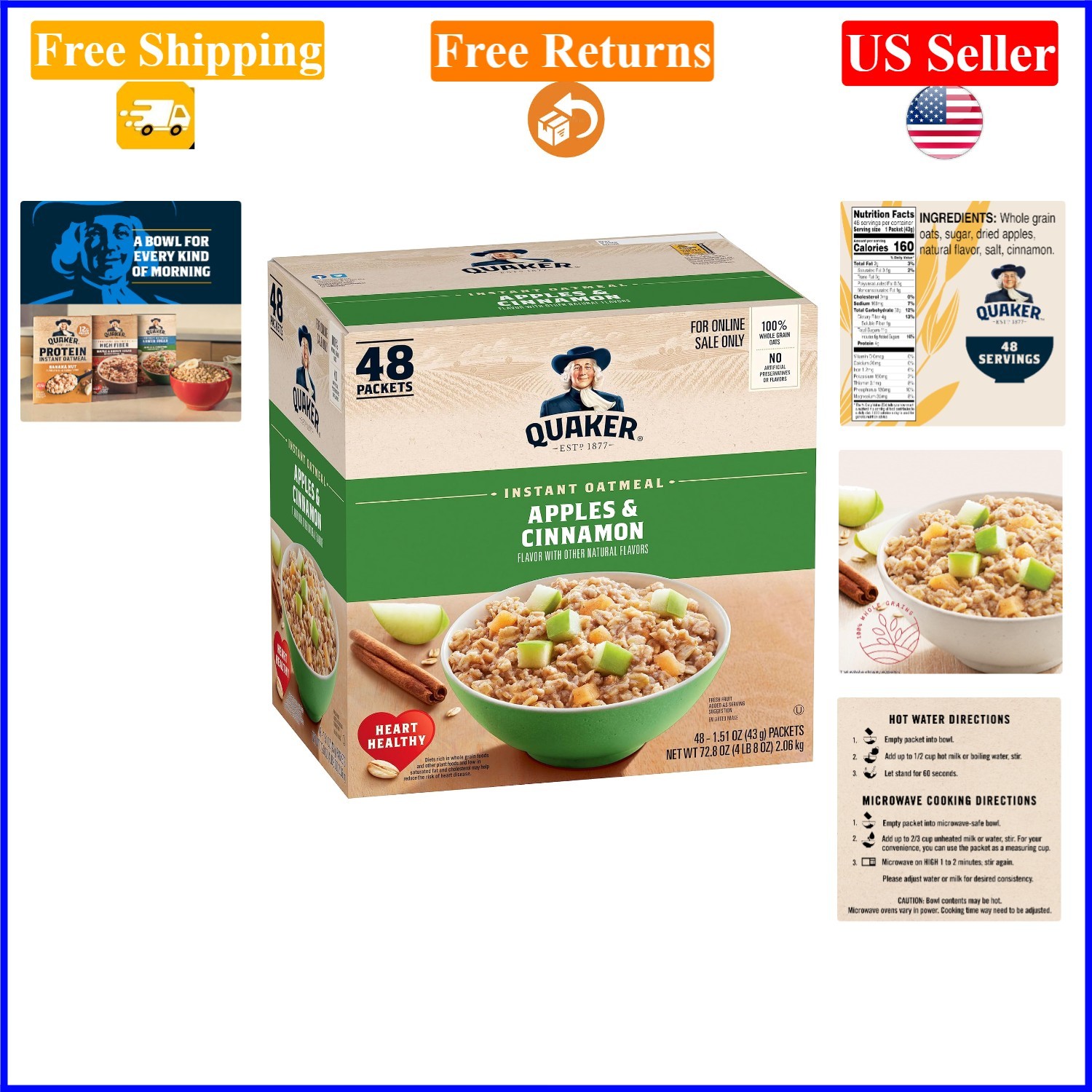 Instant Oatmeal Apples & Cinnamon Packets, 48 Count, Vegetarian, 1.51 oz