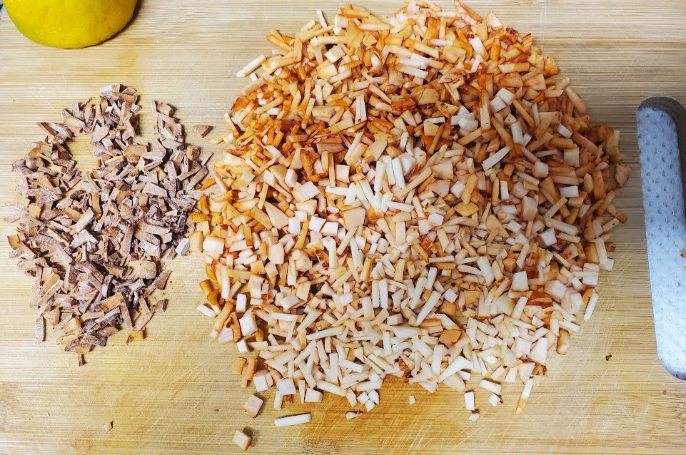 Dehydrated minced avocado pit.