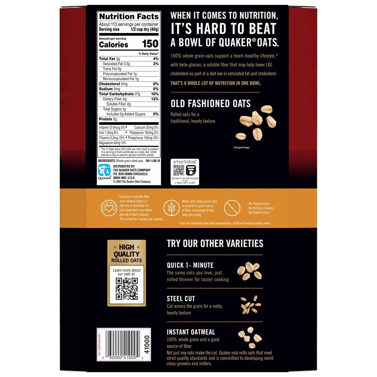 Quaker Old Fashioned Oats 10 lb Total Non GMO Rolled Oatmeal Bulk.