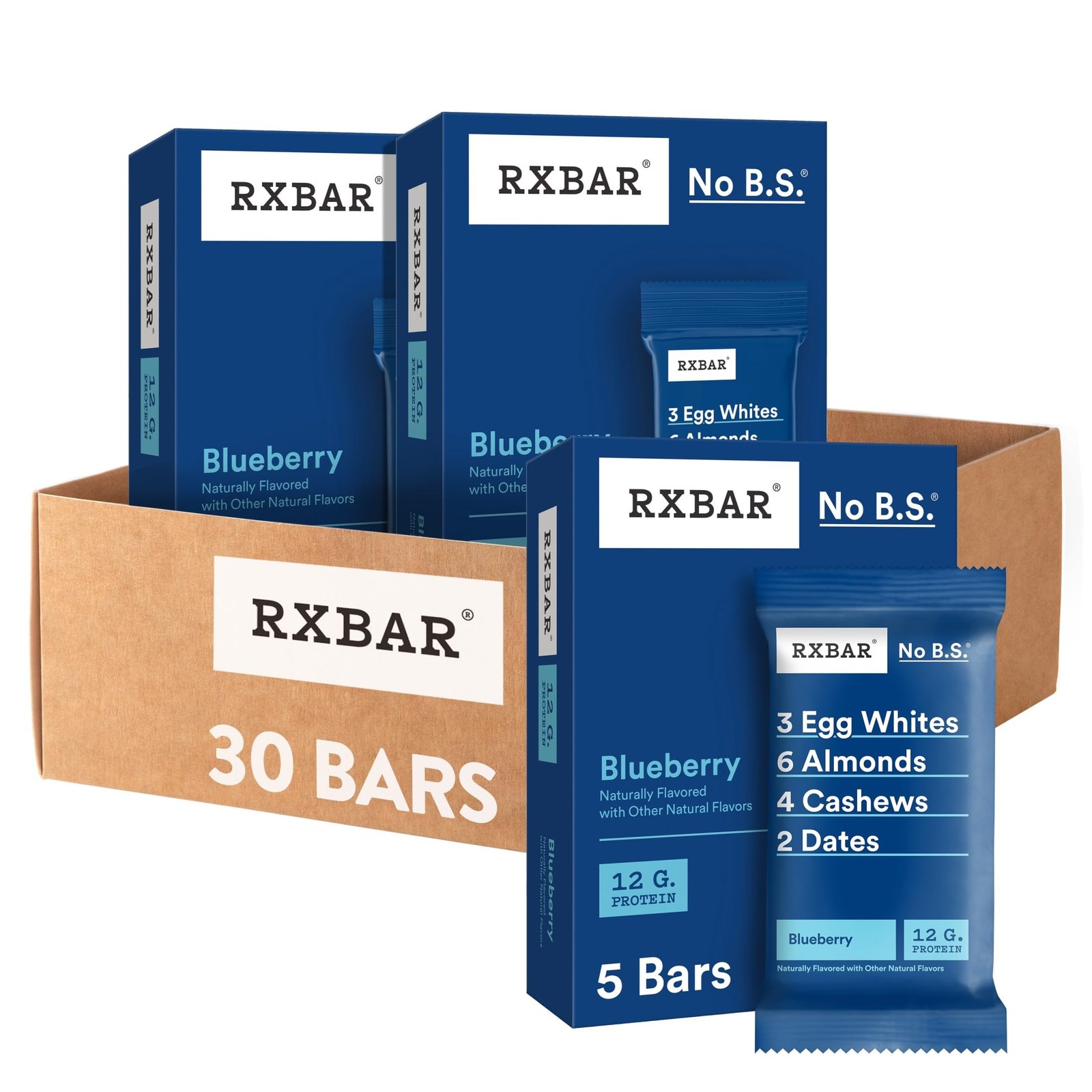 RXBAR Protein Bars, 12g Protein, Gluten Free 5 Count (Pack of 6), Blue