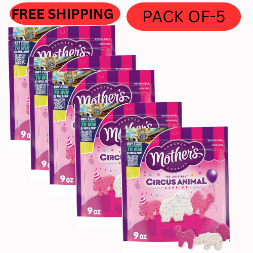 Mother’s Circus Animal Cookies 9 oz Pack of 5 Pink & White Frosted Animal Cookie
