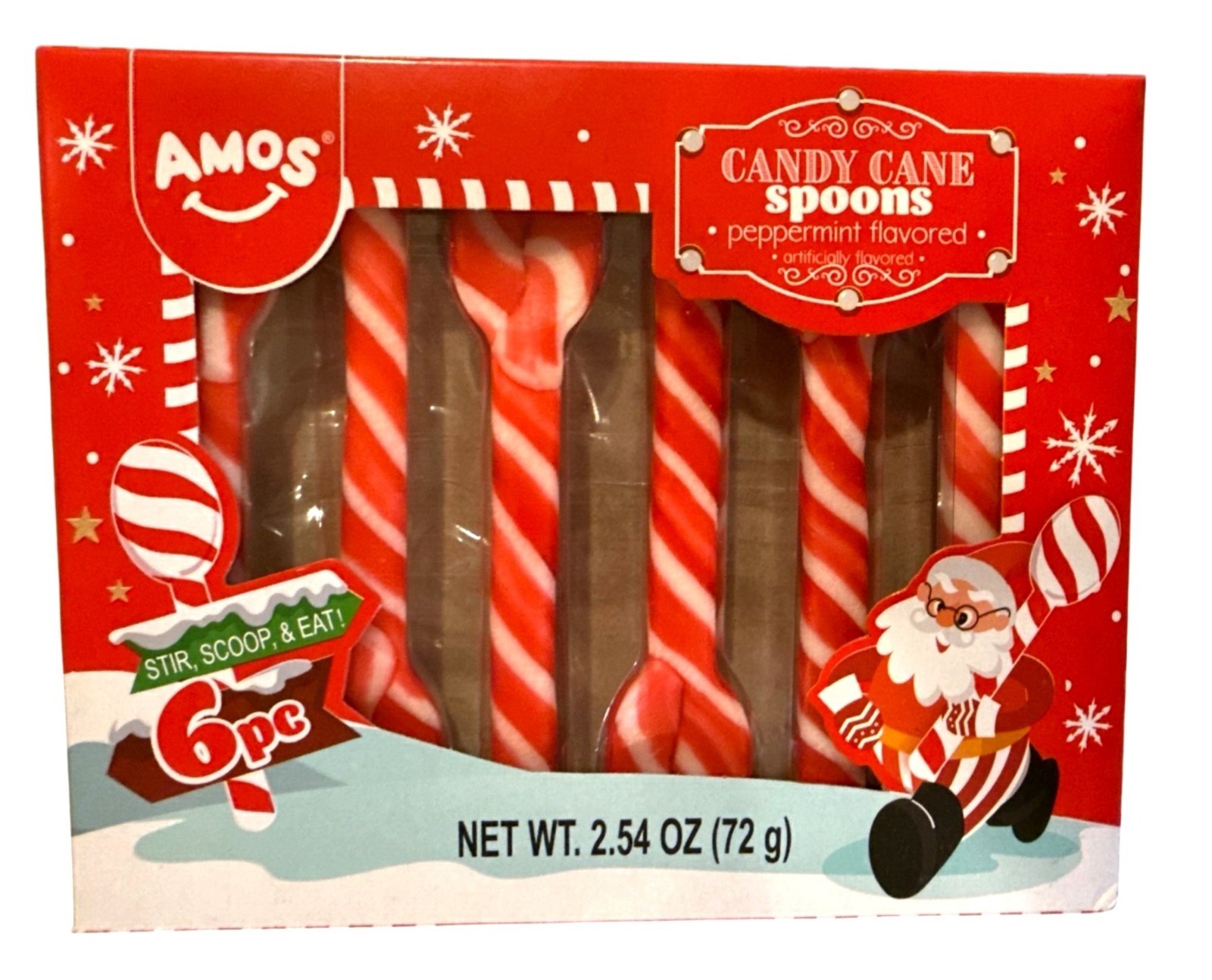 2.54oz/6ct AMOS Candy Cane Spoons Peppermint Christmas Treats Red White Striped