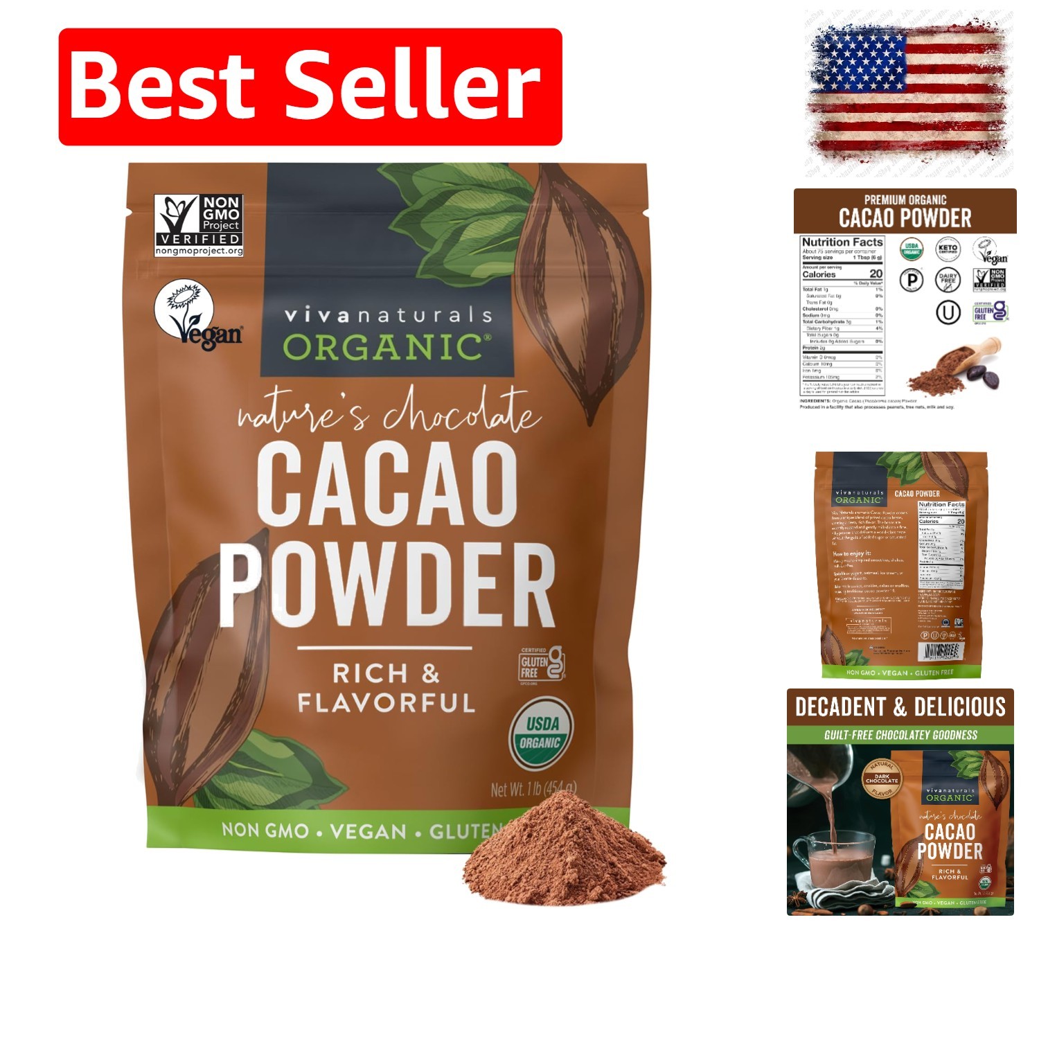 Organic Cacao Powder, Unsweetened, 1 lb 454 g – Rich Dark Chocolate Flavor, P…