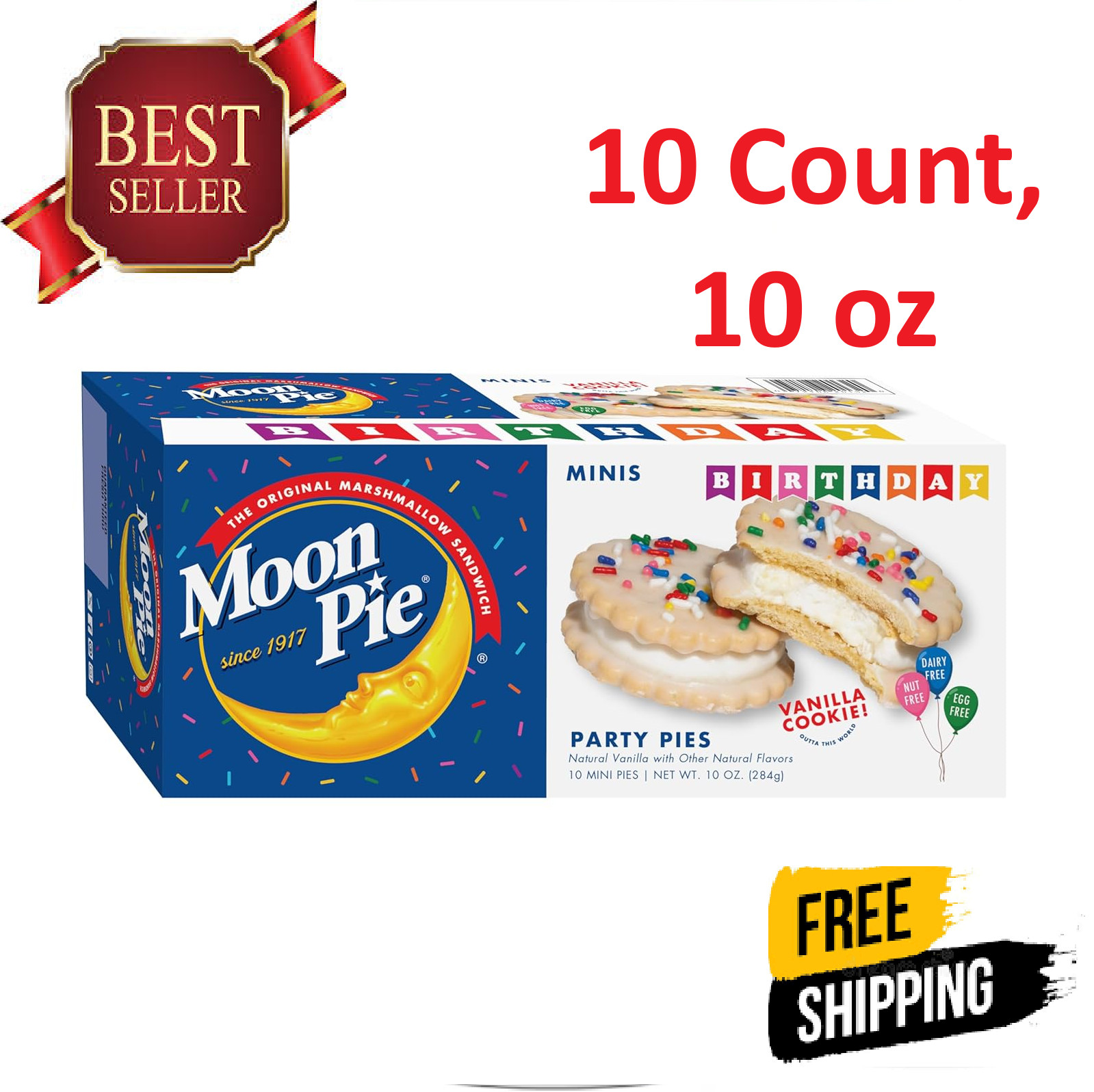 MoonPie Birthday Mini Party Pies, Vanilla Cookie, 10 Count, 10 oz, Dairy Free