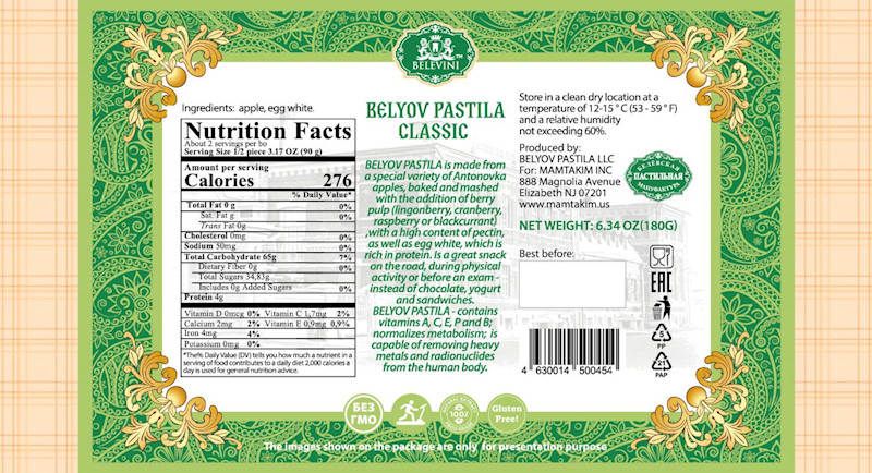 CLASSIC PASTILA with APPLE Sugar Free 180g BELEVINI BELYOV Made in Moldova