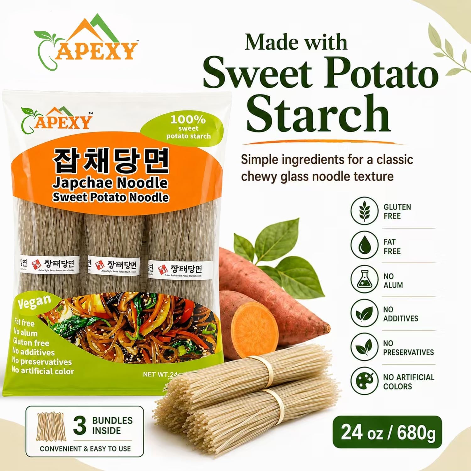 Sweet Potato Glass Noodles – Gluten-Free Japchae Vermicelli Pasta, 24oz, Fat-Fre