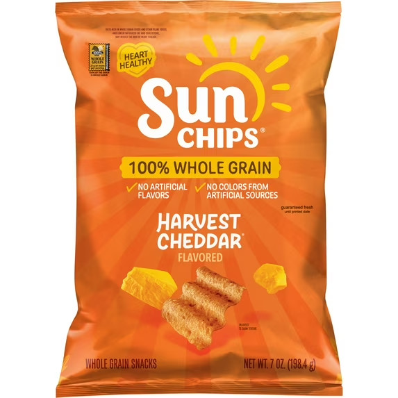 SunChips 100% Whole Grain Harvest Cheddar Snack Chips Bag, 7 oz​