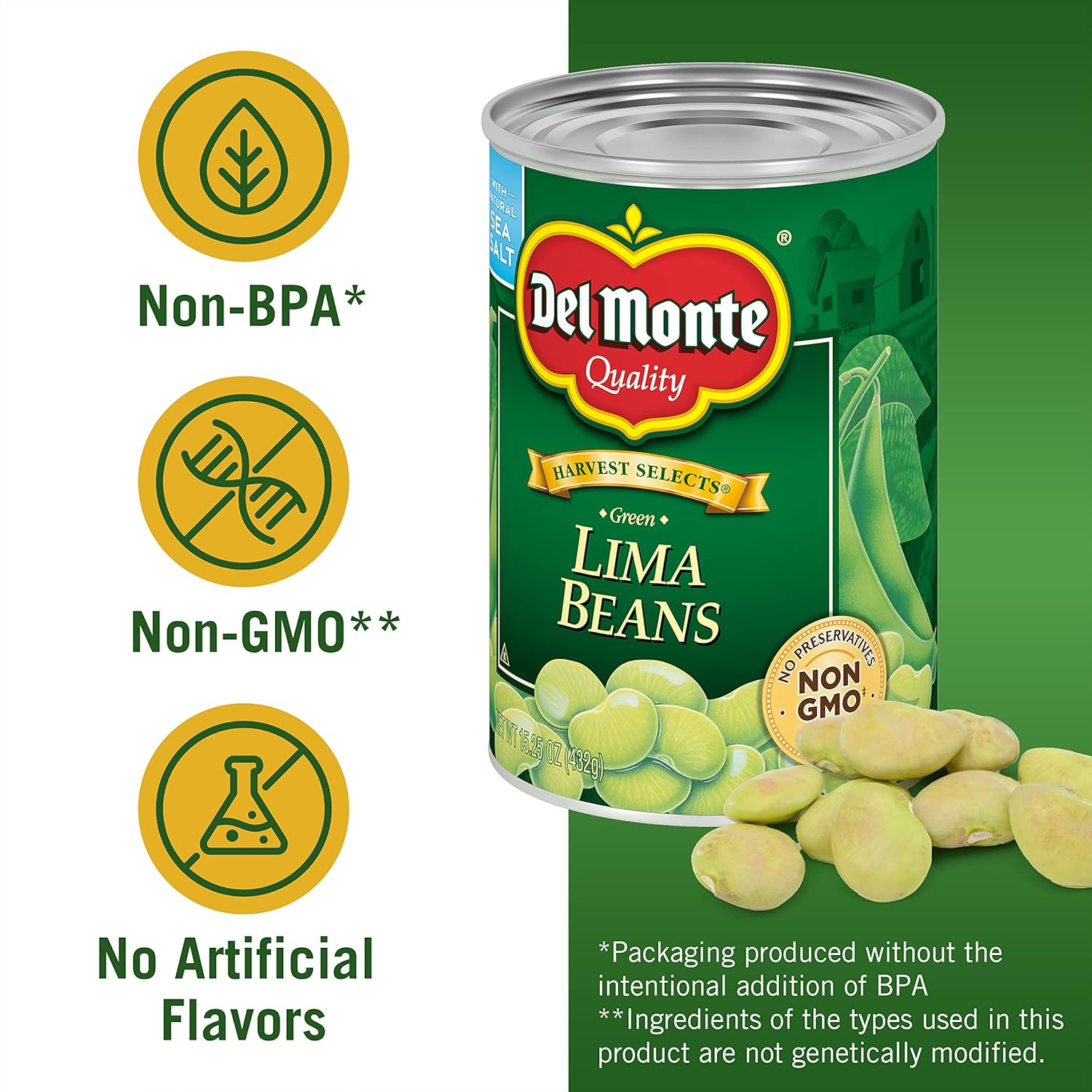 HARVEST SELECTS FRESH CUT Green Lima Beans, Canned Vegetables, 12 Pack, 15.25 Oz