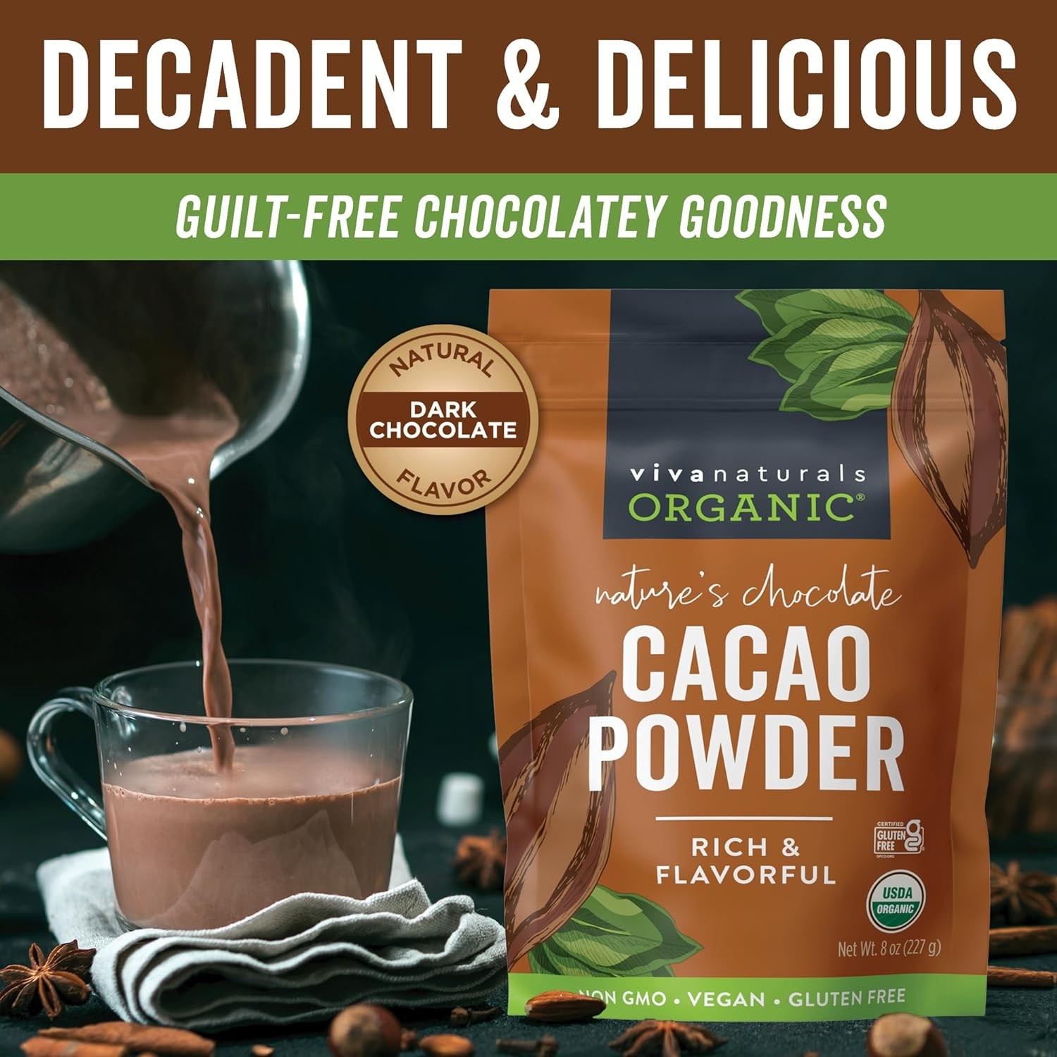 Organic Cacao Powder, 8 Oz – Unsweetened Cocoa Powder with Rich Dark Chocolate F