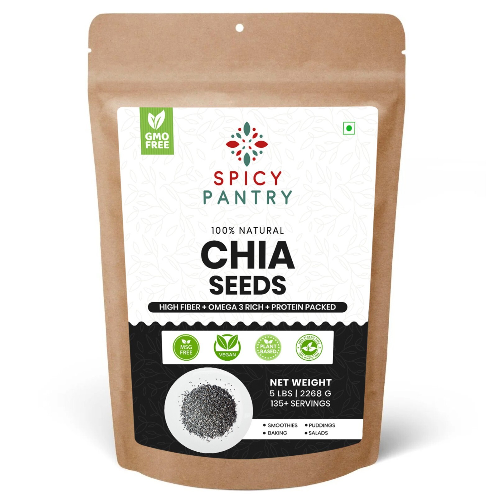 Pure Chia Seeds – 100% Non-GMO Superfood for Health & Nutrition – 5 LBS