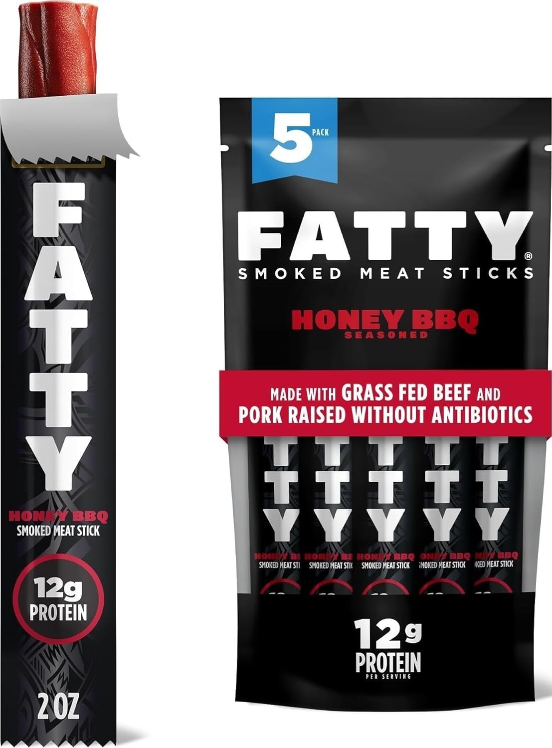 FATTY Meat Sticks, Made with Grass Fed Beef,2 oz. (Pack of 5)