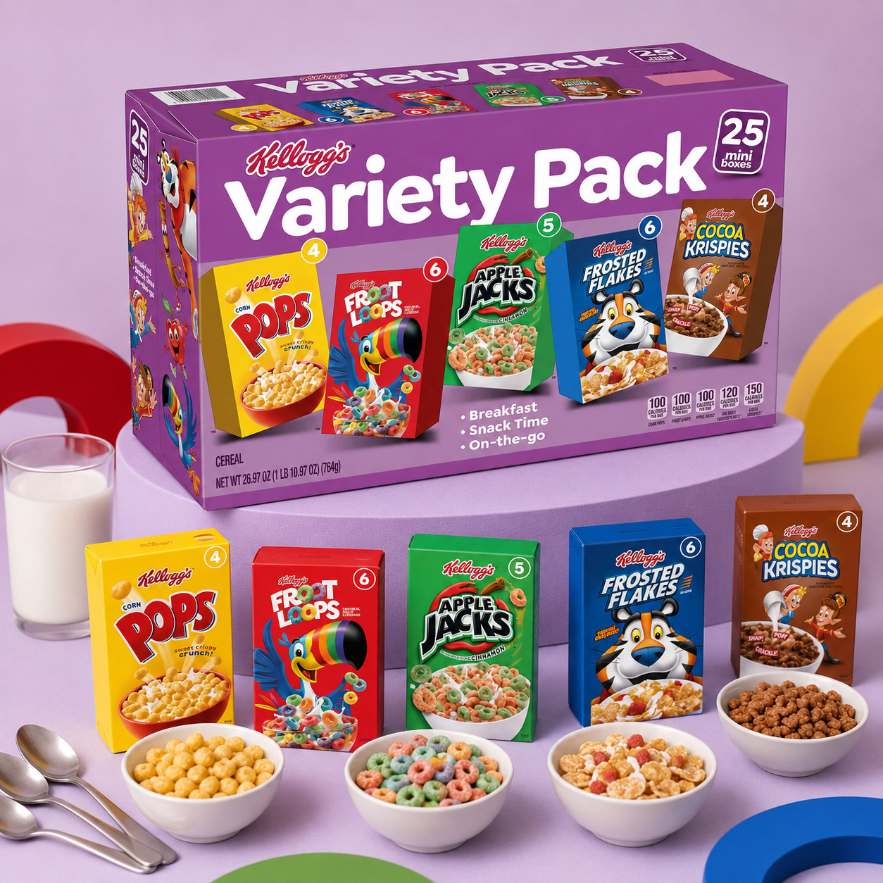 4-Pack Kellogg’s Cereal Mini Boxes, Variety Pack, 25-count